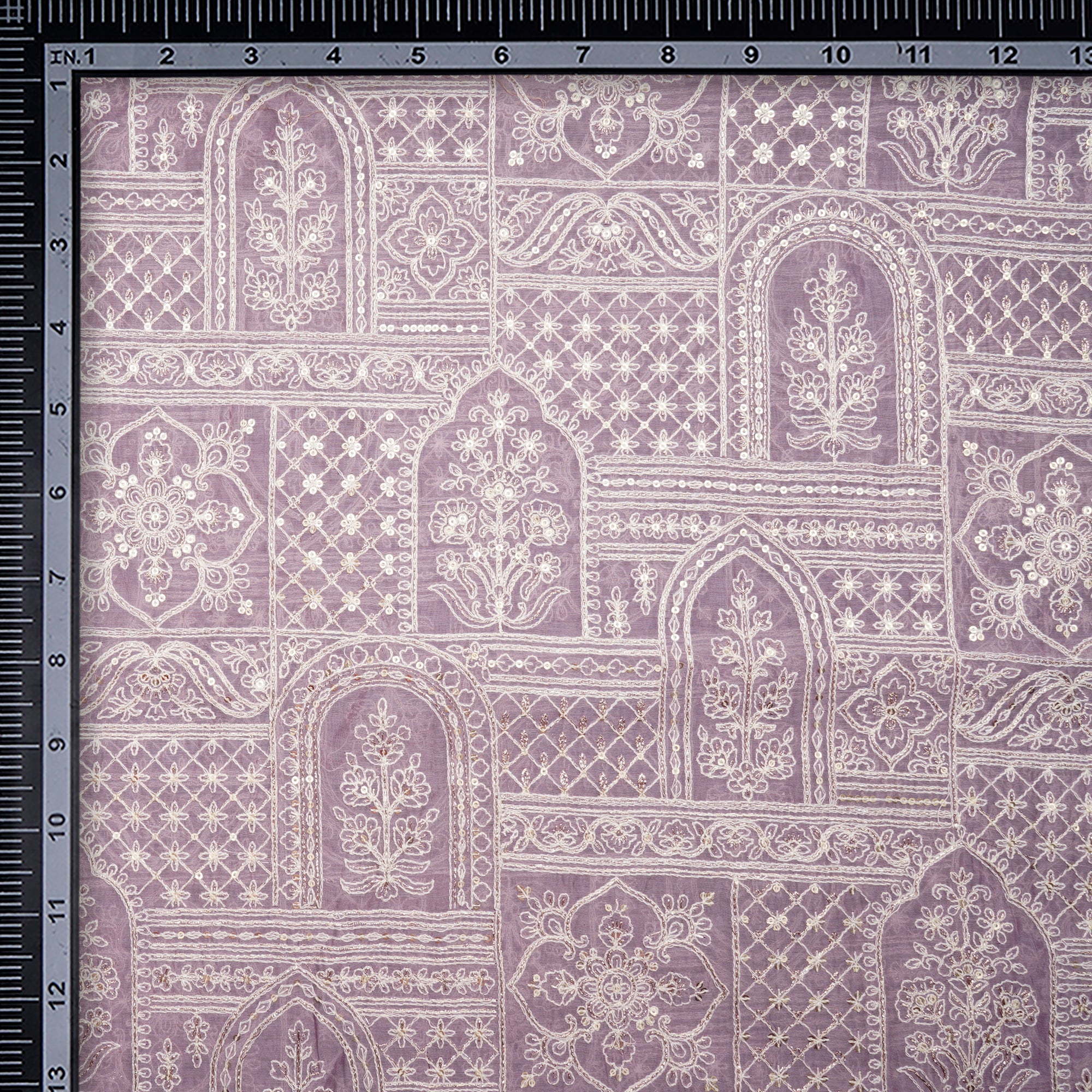 (Pre-Cut 0.90 Mtr)Lavender Herb All Over Mughal Pattern Thread & Sequins Embroidered Chanderi Fabric
