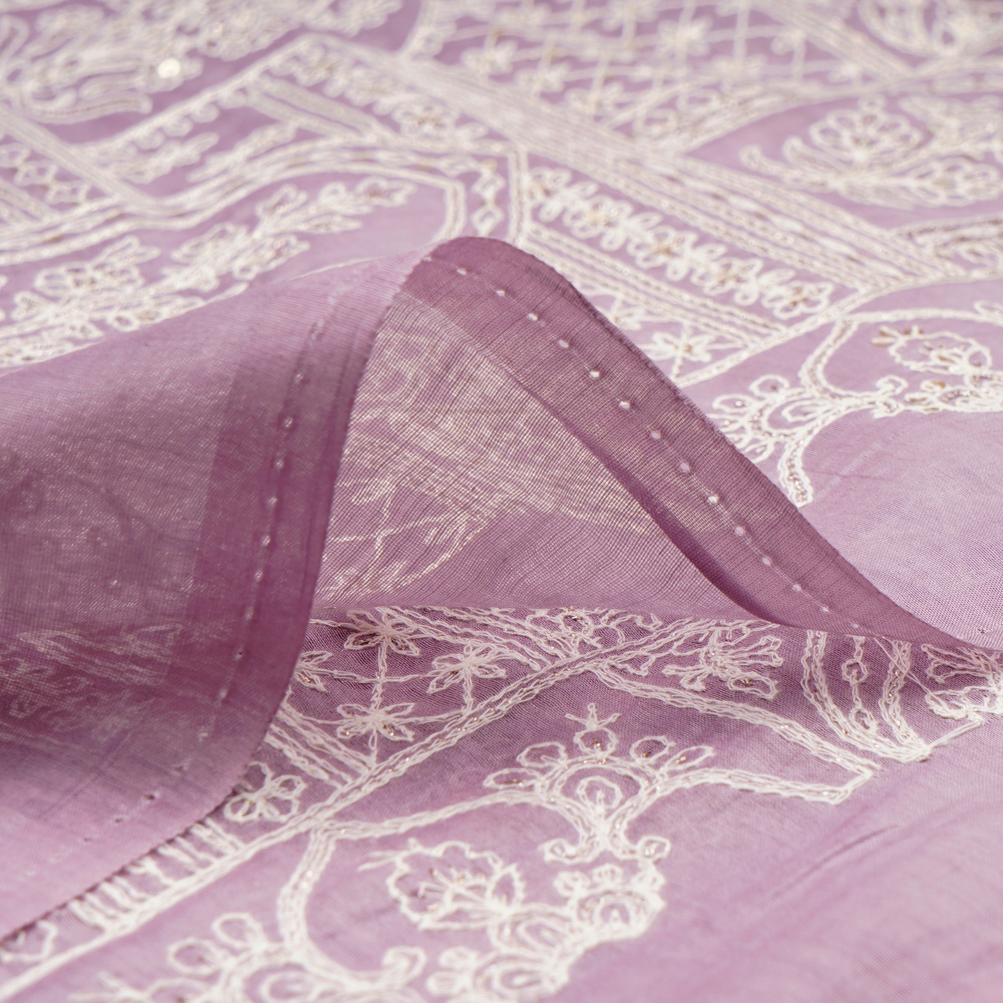 (Pre-Cut 0.90 Mtr)Lavender Herb All Over Mughal Pattern Thread & Sequins Embroidered Chanderi Fabric