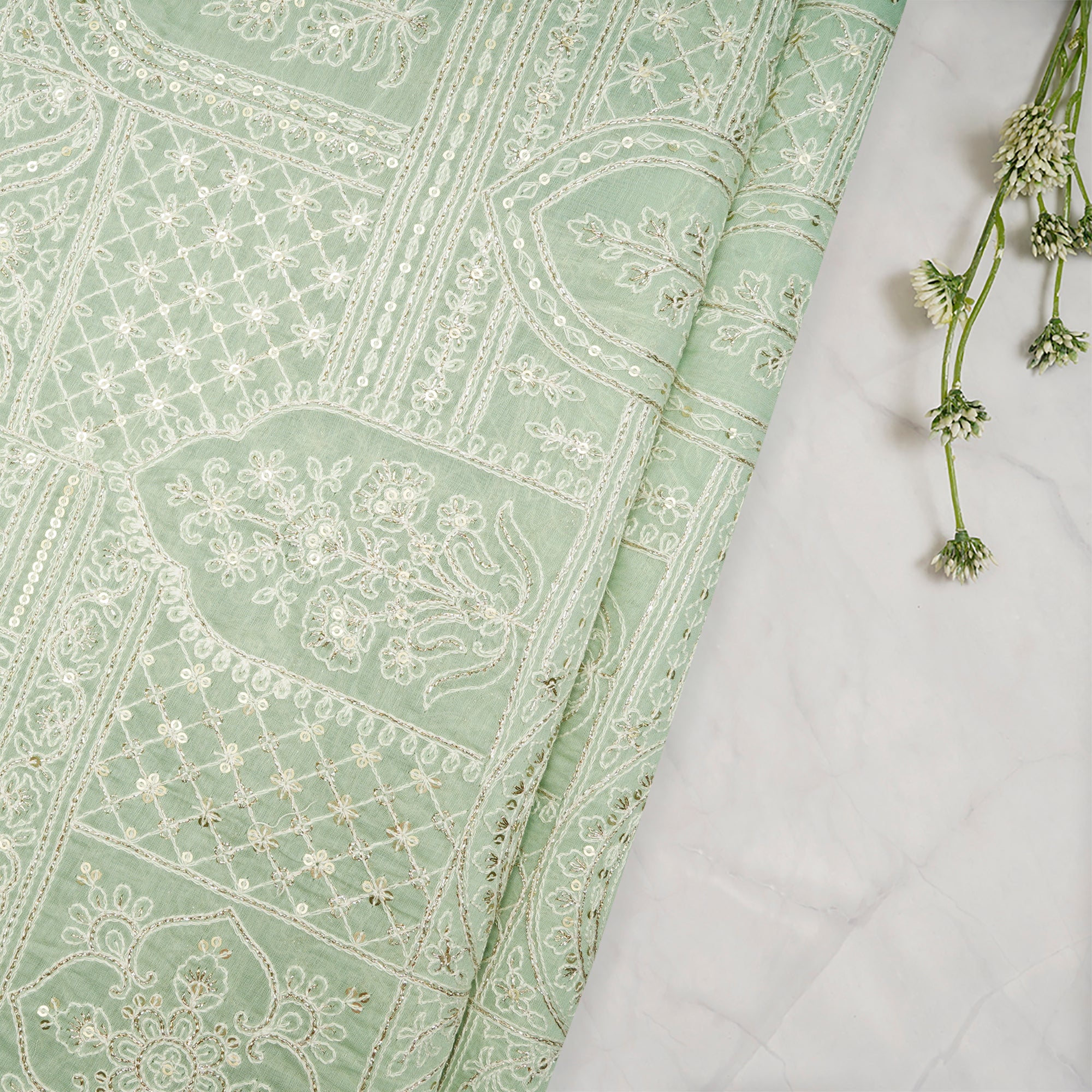 (Pre-Cut 1.00 Mtr)Mint Green Herb All Over Mughal Pattern Thread & Sequins Embroidered Chanderi Fabric