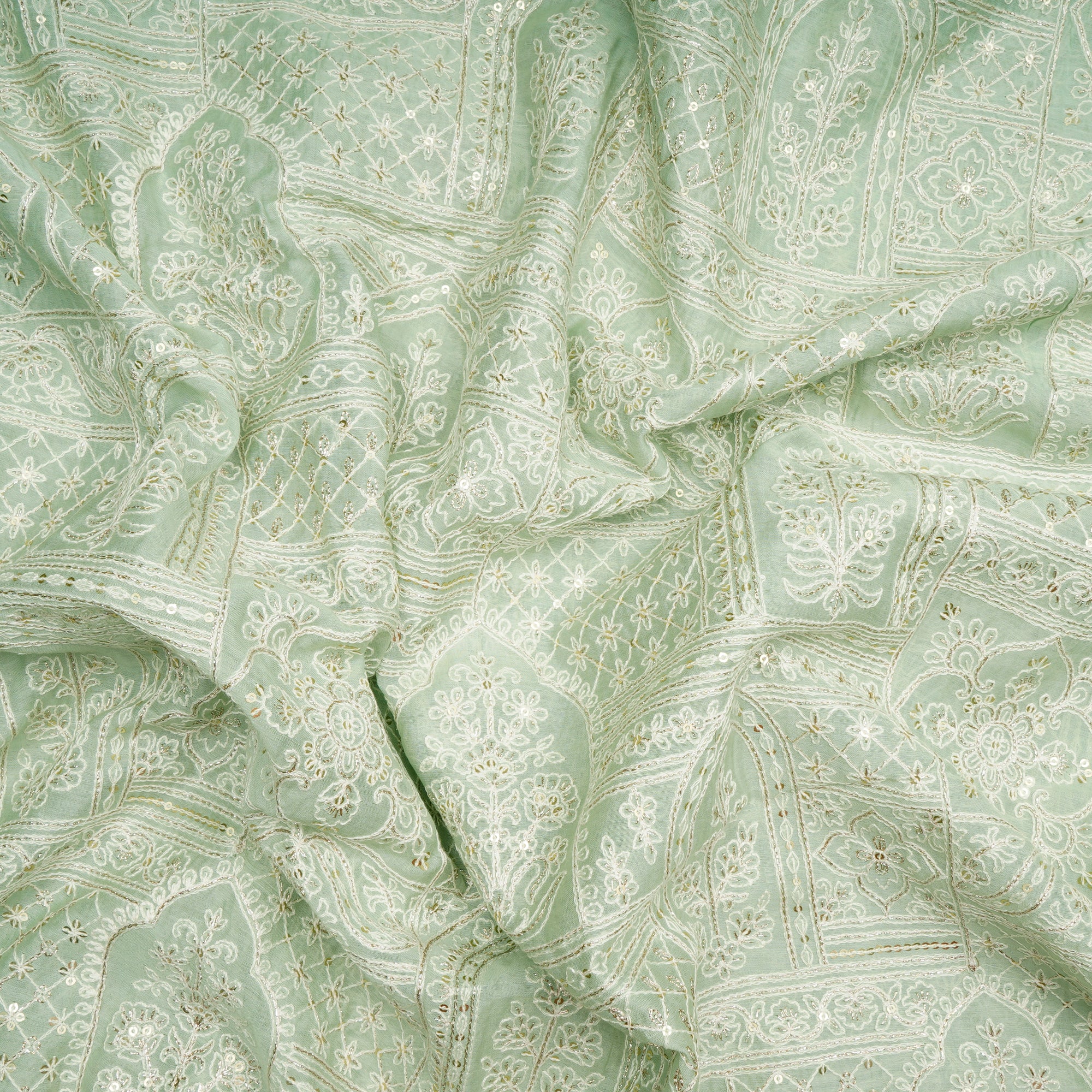 (Pre-Cut 1.00 Mtr)Mint Green Herb All Over Mughal Pattern Thread & Sequins Embroidered Chanderi Fabric