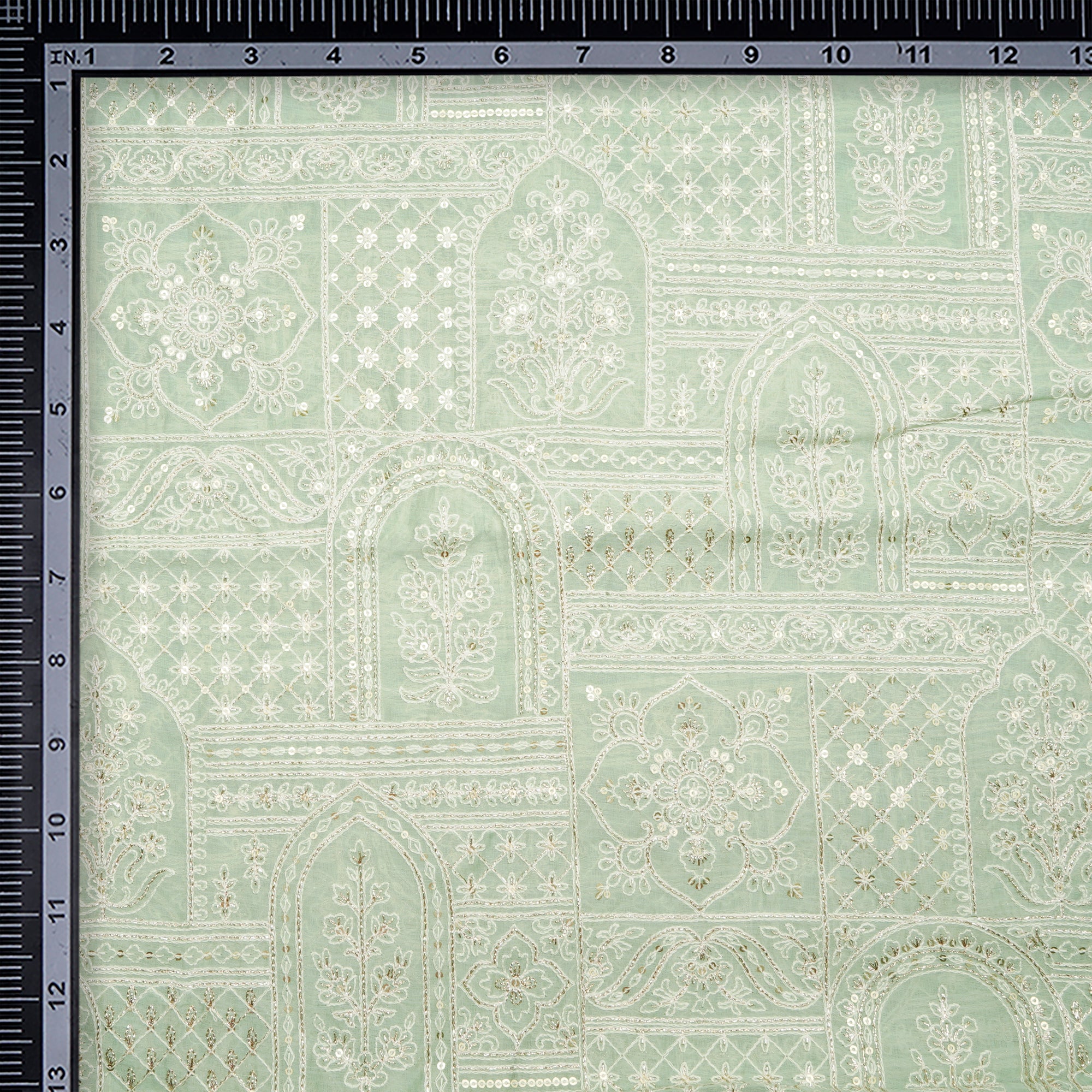 (Pre-Cut 1.00 Mtr)Mint Green Herb All Over Mughal Pattern Thread & Sequins Embroidered Chanderi Fabric