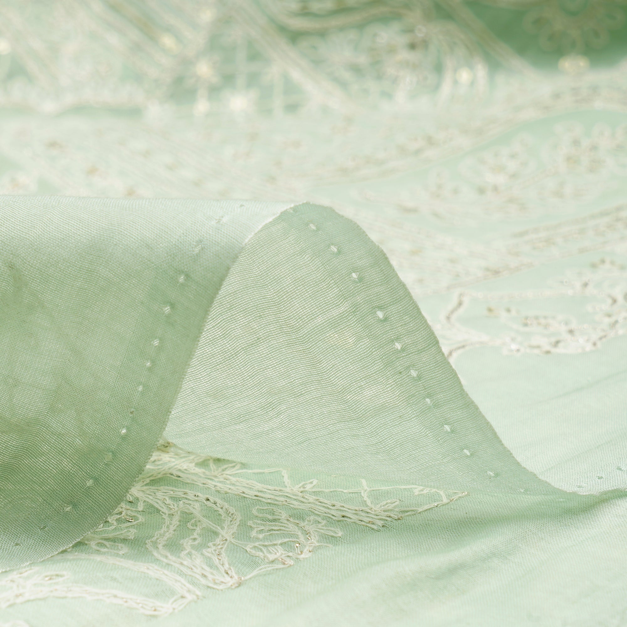(Pre-Cut 1.00 Mtr)Mint Green Herb All Over Mughal Pattern Thread & Sequins Embroidered Chanderi Fabric