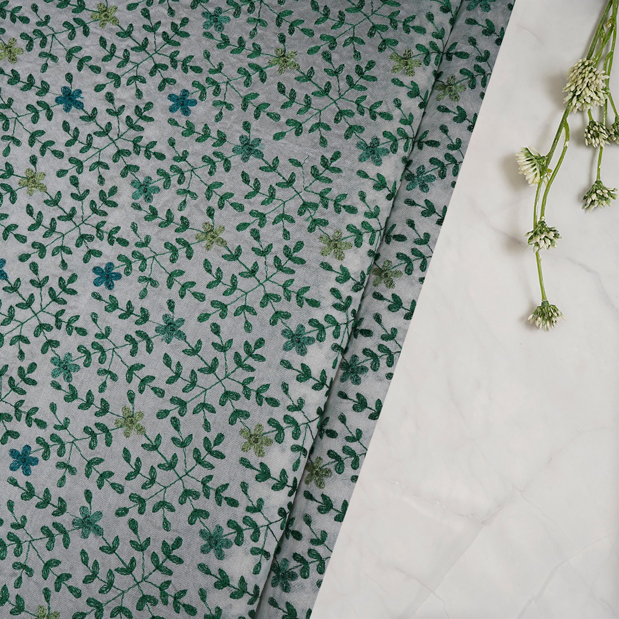 (Pre-Cut 3.00 Mtr)Beige-Green Geometric Pattern Thread Embroidered Visocse Tusser Fabric
