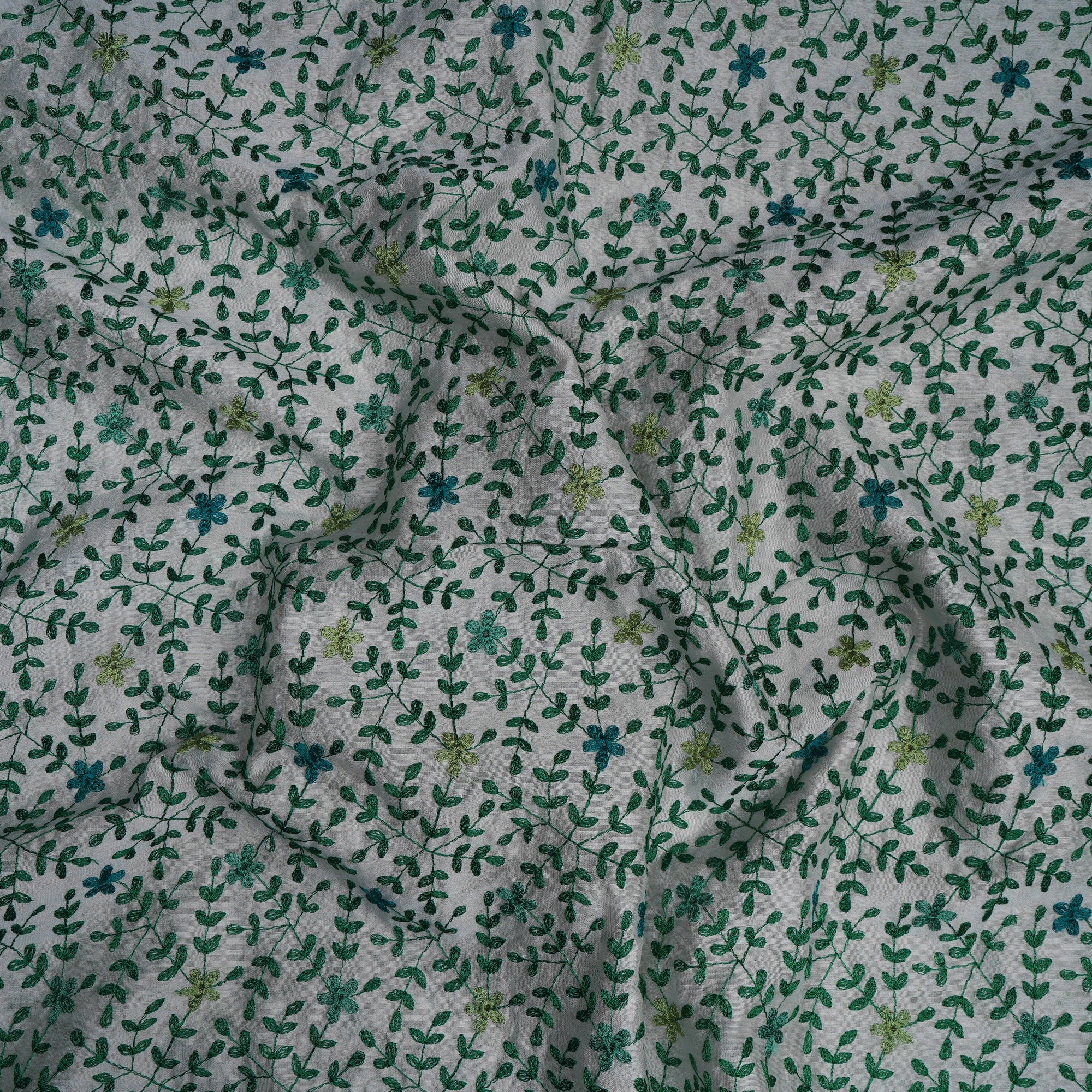 (Pre-Cut 3.00 Mtr)Beige-Green Geometric Pattern Thread Embroidered Visocse Tusser Fabric
