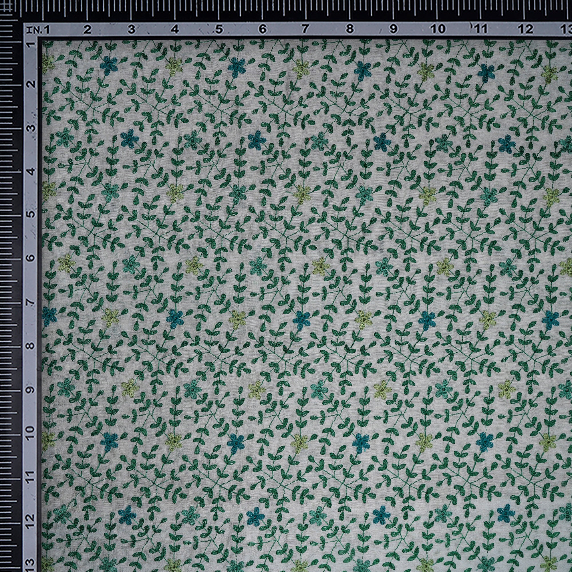 (Pre-Cut 3.00 Mtr)Beige-Green Geometric Pattern Thread Embroidered Visocse Tusser Fabric