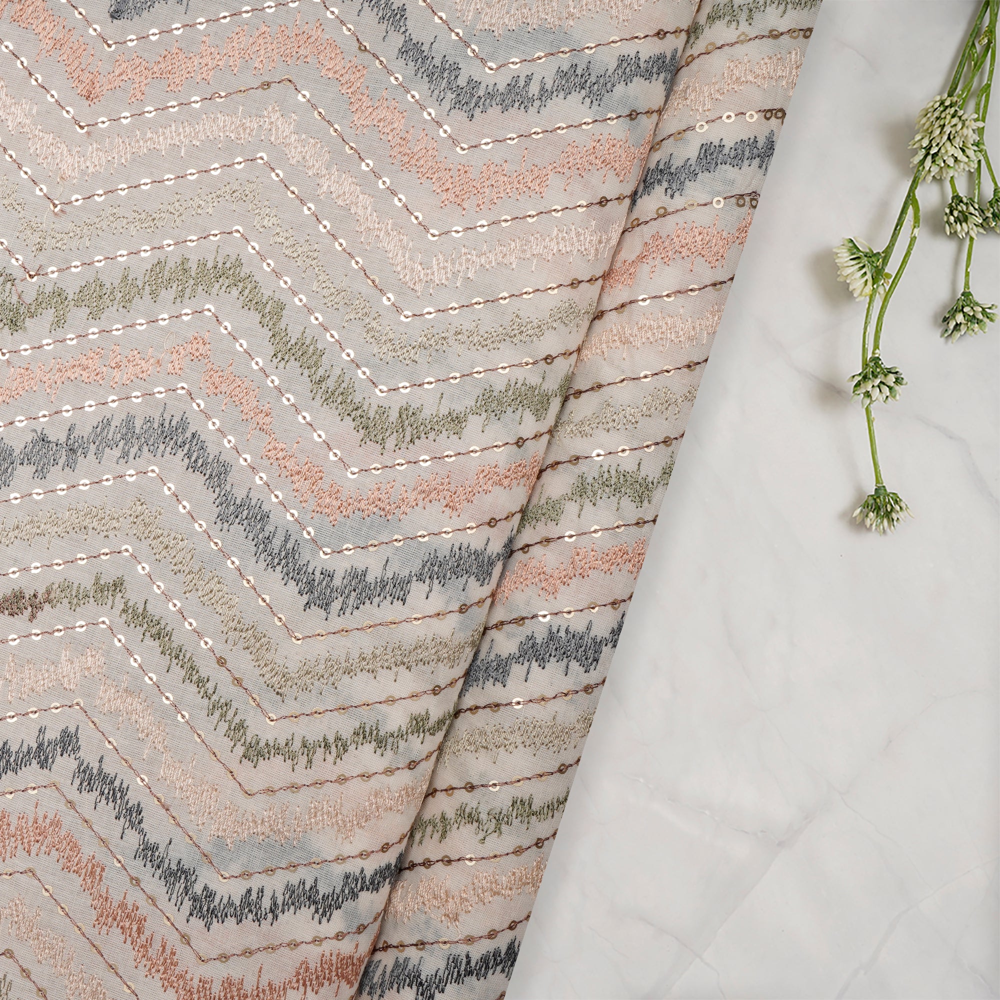 (Pre-Cut 1.40 Mtr)Cream Base with Multi Thread Geometric Pattern Embroidered Cotton Fabric