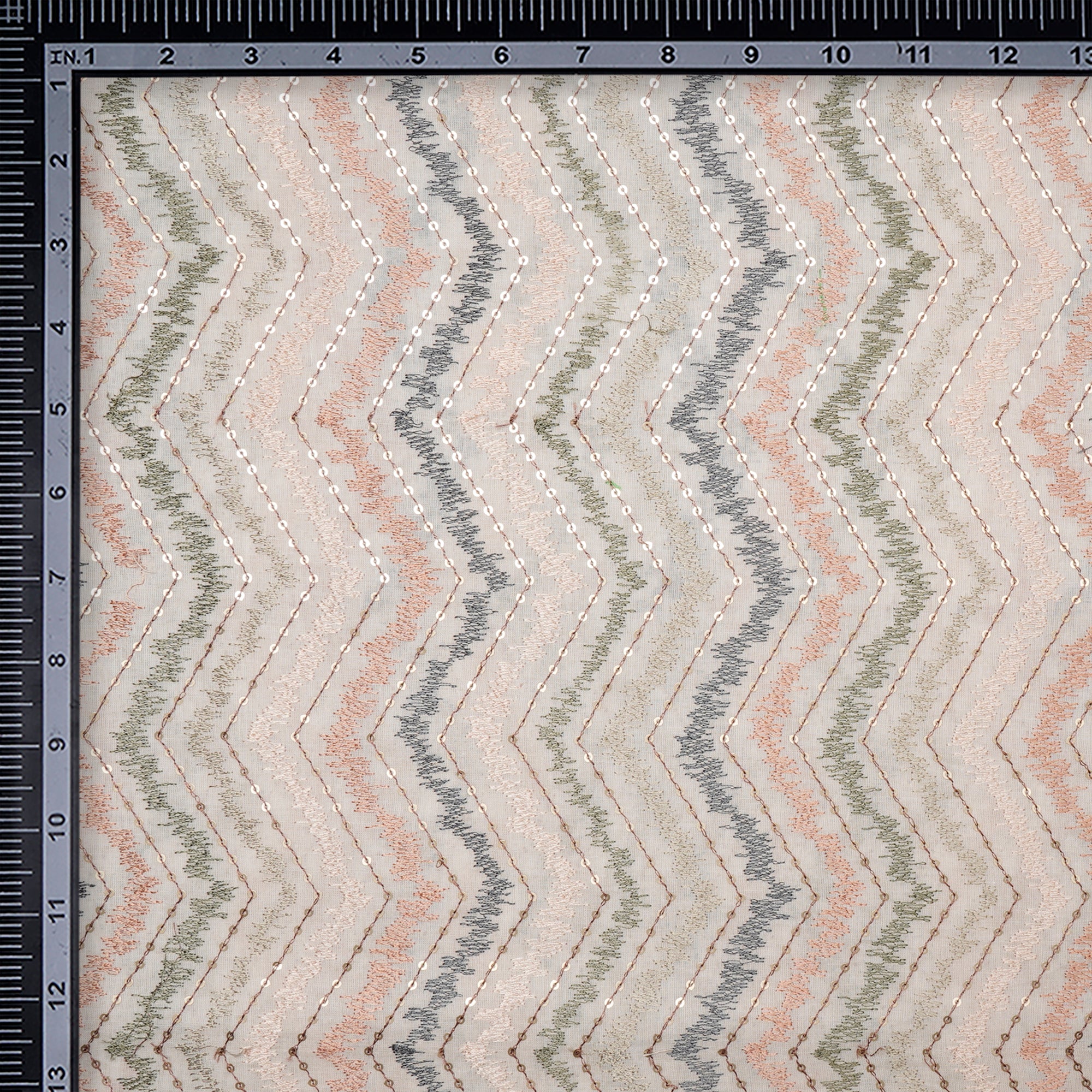 (Pre-Cut 1.40 Mtr)Cream Base with Multi Thread Geometric Pattern Embroidered Cotton Fabric