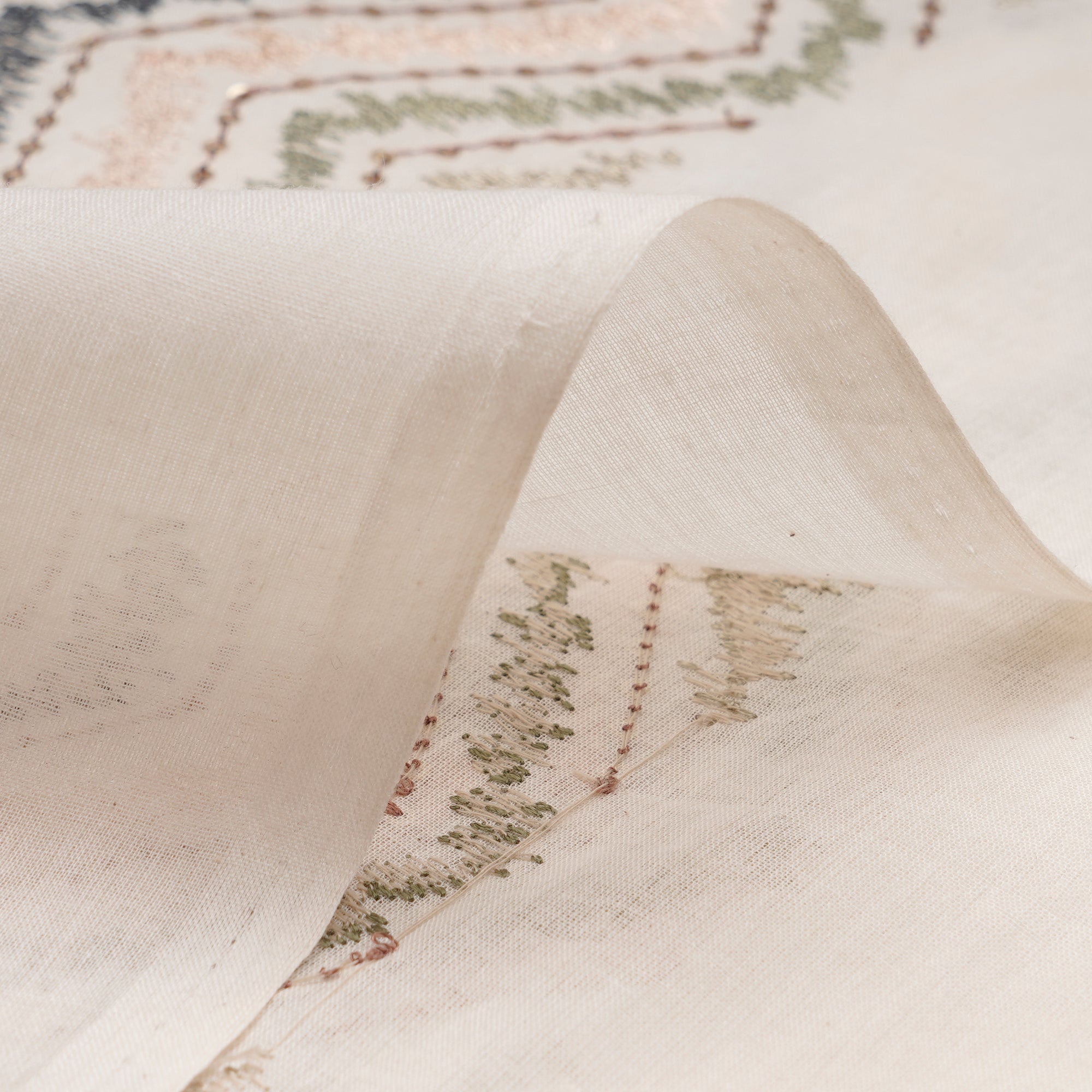 (Pre-Cut 1.40 Mtr)Cream Base with Multi Thread Geometric Pattern Embroidered Cotton Fabric