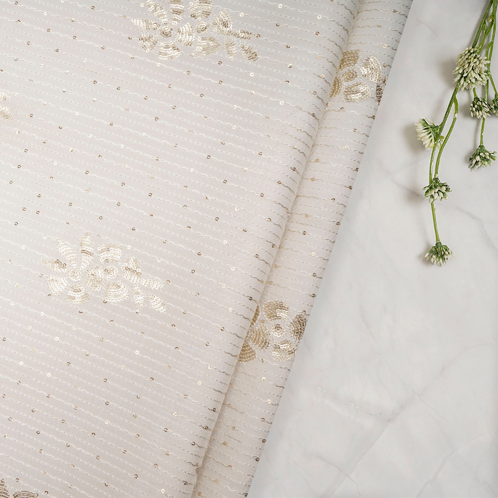 (Pre-Cut 0.90 Mtr)White Dyeable Motif Pattern Thread & Sequin Embroidered Wrinkle Chinnon Fabric