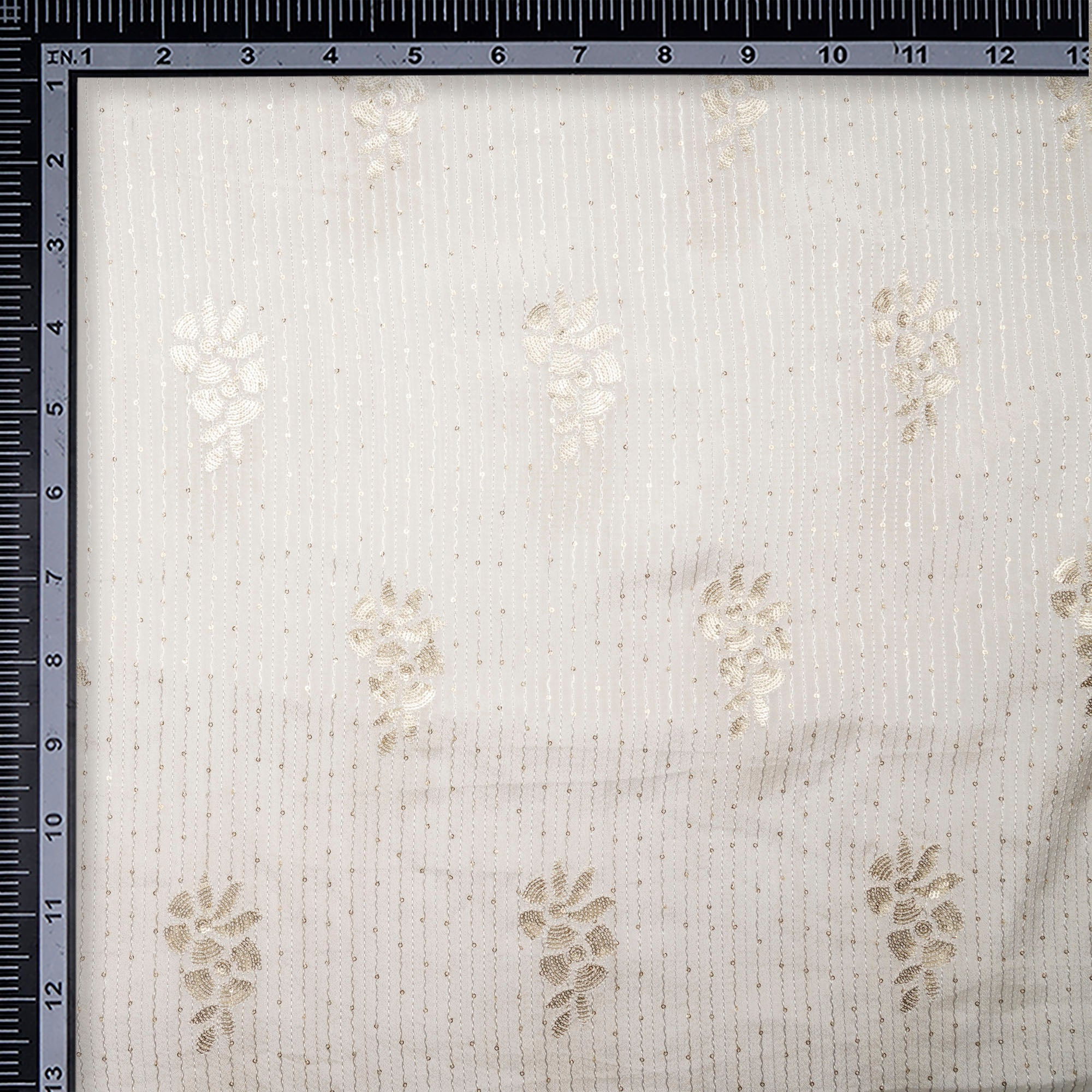 (Pre-Cut 0.90 Mtr)White Dyeable Motif Pattern Thread & Sequin Embroidered Wrinkle Chinnon Fabric