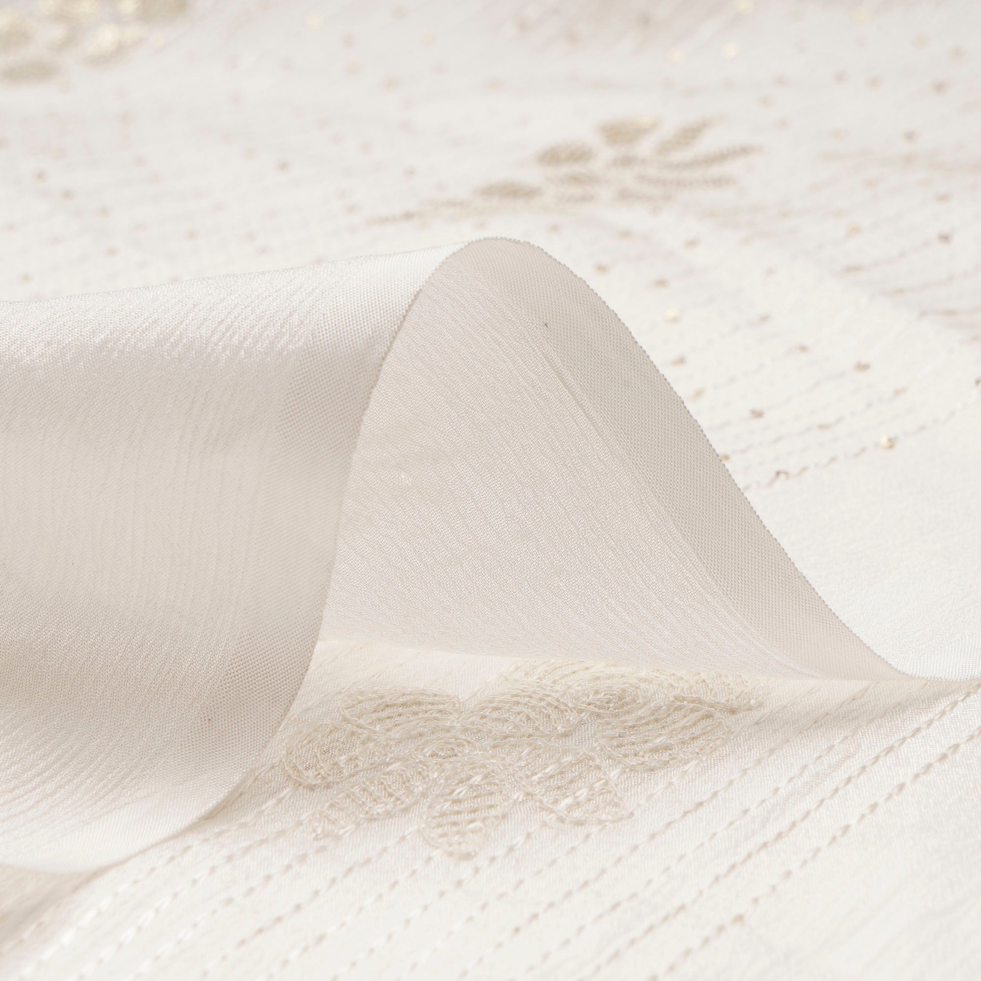 (Pre-Cut 0.90 Mtr)White Dyeable Motif Pattern Thread & Sequin Embroidered Wrinkle Chinnon Fabric