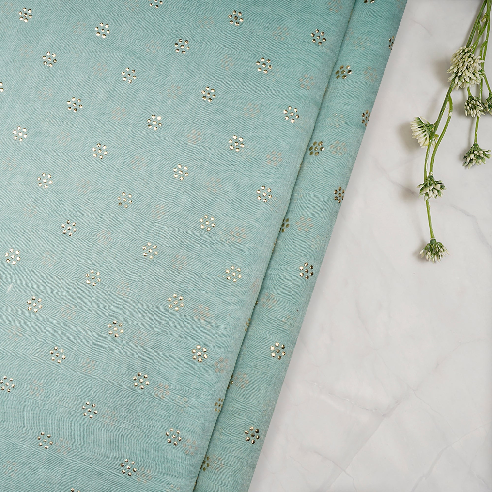 (Pre-Cut 2.00 Mtr)Ice Green Dyed Mukaish Look Dewdrops Work Pure Fine Chanderi Fabric