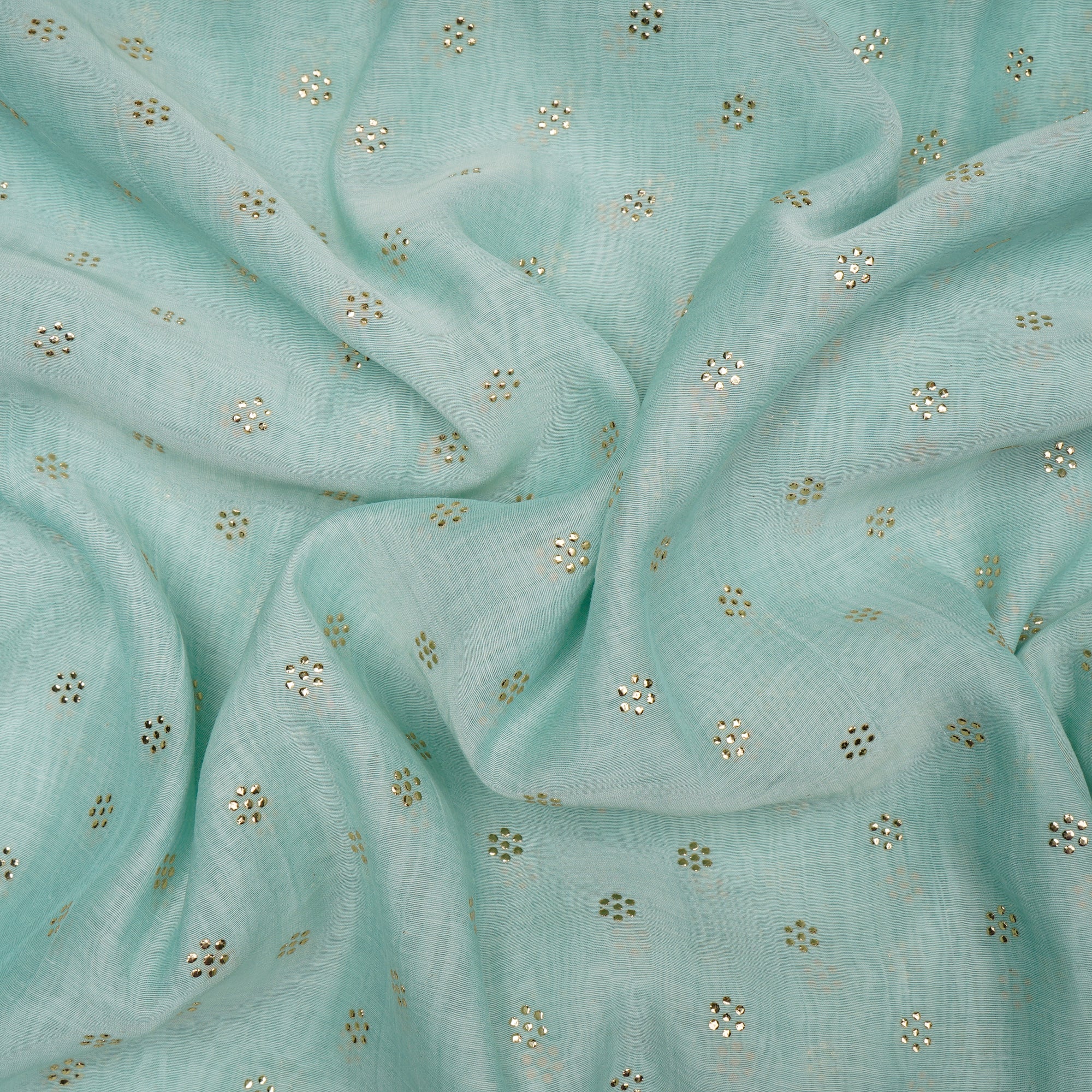 (Pre-Cut 2.00 Mtr)Ice Green Dyed Mukaish Look Dewdrops Work Pure Fine Chanderi Fabric