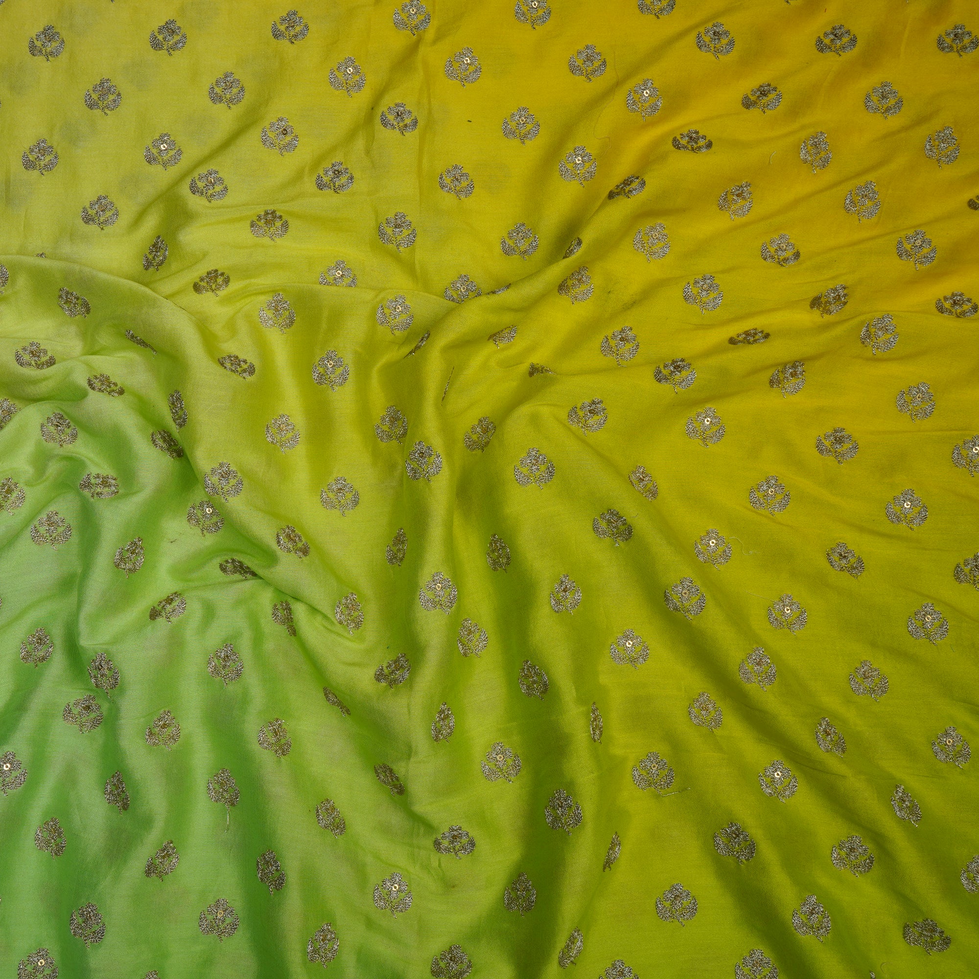 (Pre-Cut 2.00 Mtr)Yellow-Green Booti Pattern Thread Embroidered Chanderi Fabric