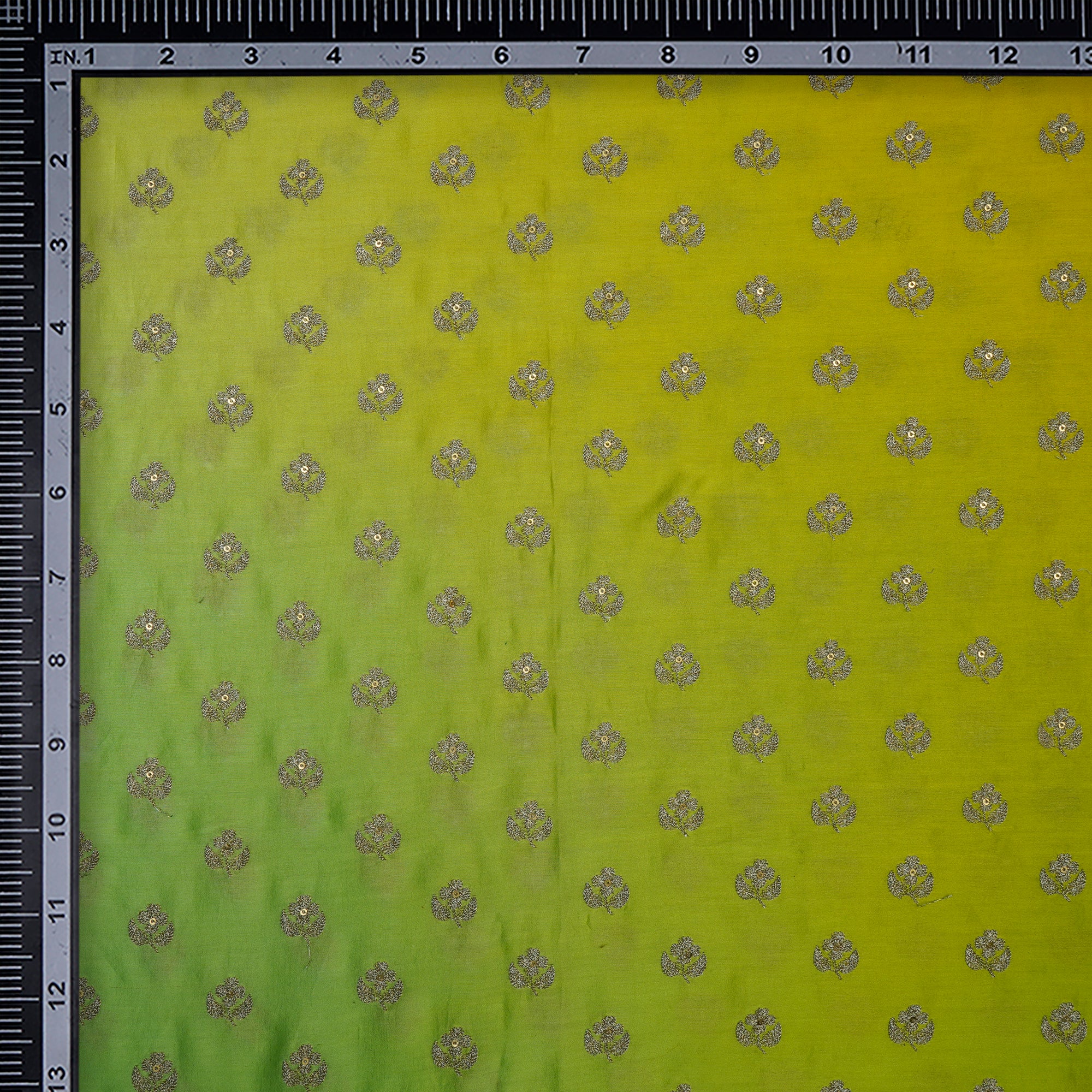 (Pre-Cut 2.00 Mtr)Yellow-Green Booti Pattern Thread Embroidered Chanderi Fabric