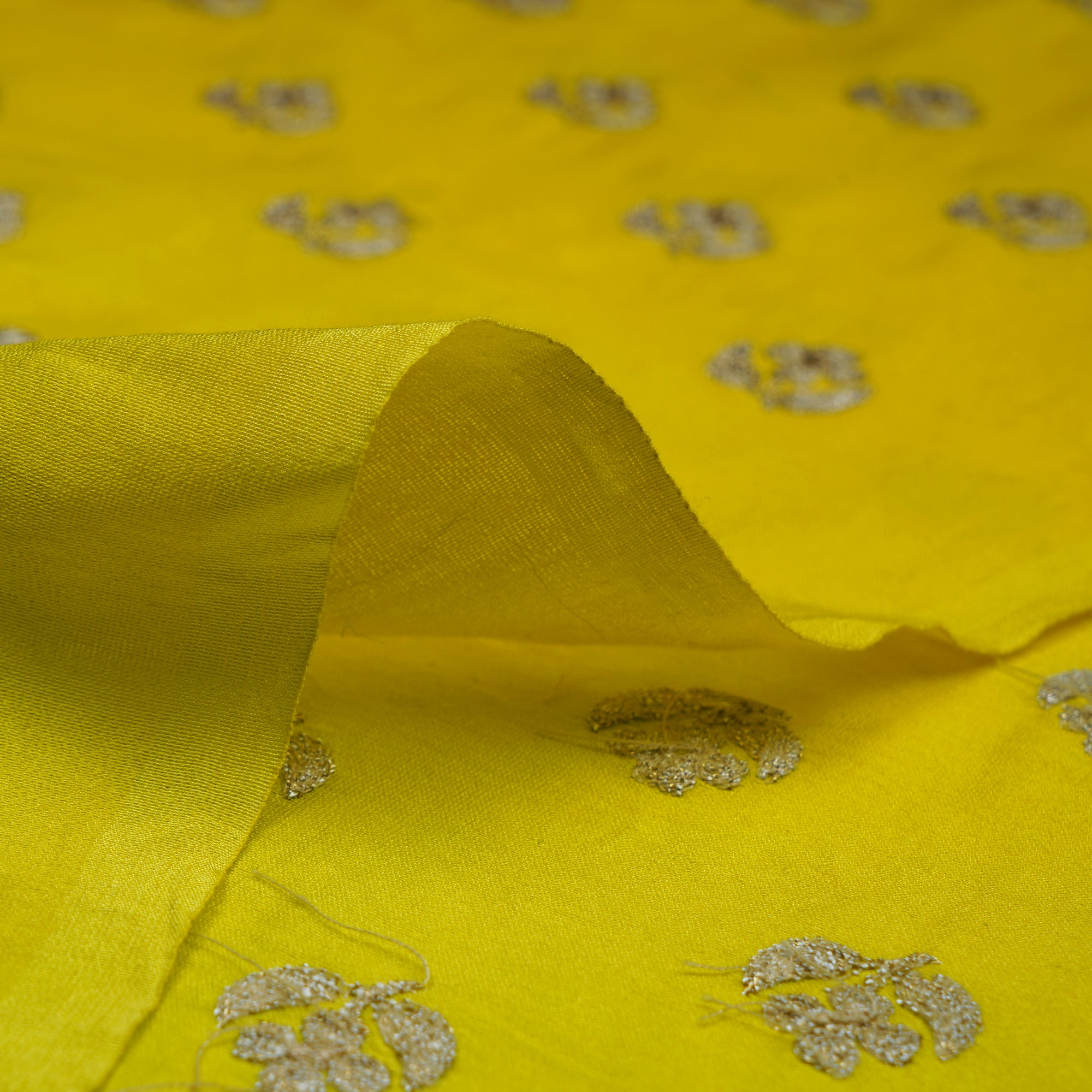 (Pre-Cut 2.00 Mtr)Yellow-Green Booti Pattern Thread Embroidered Chanderi Fabric