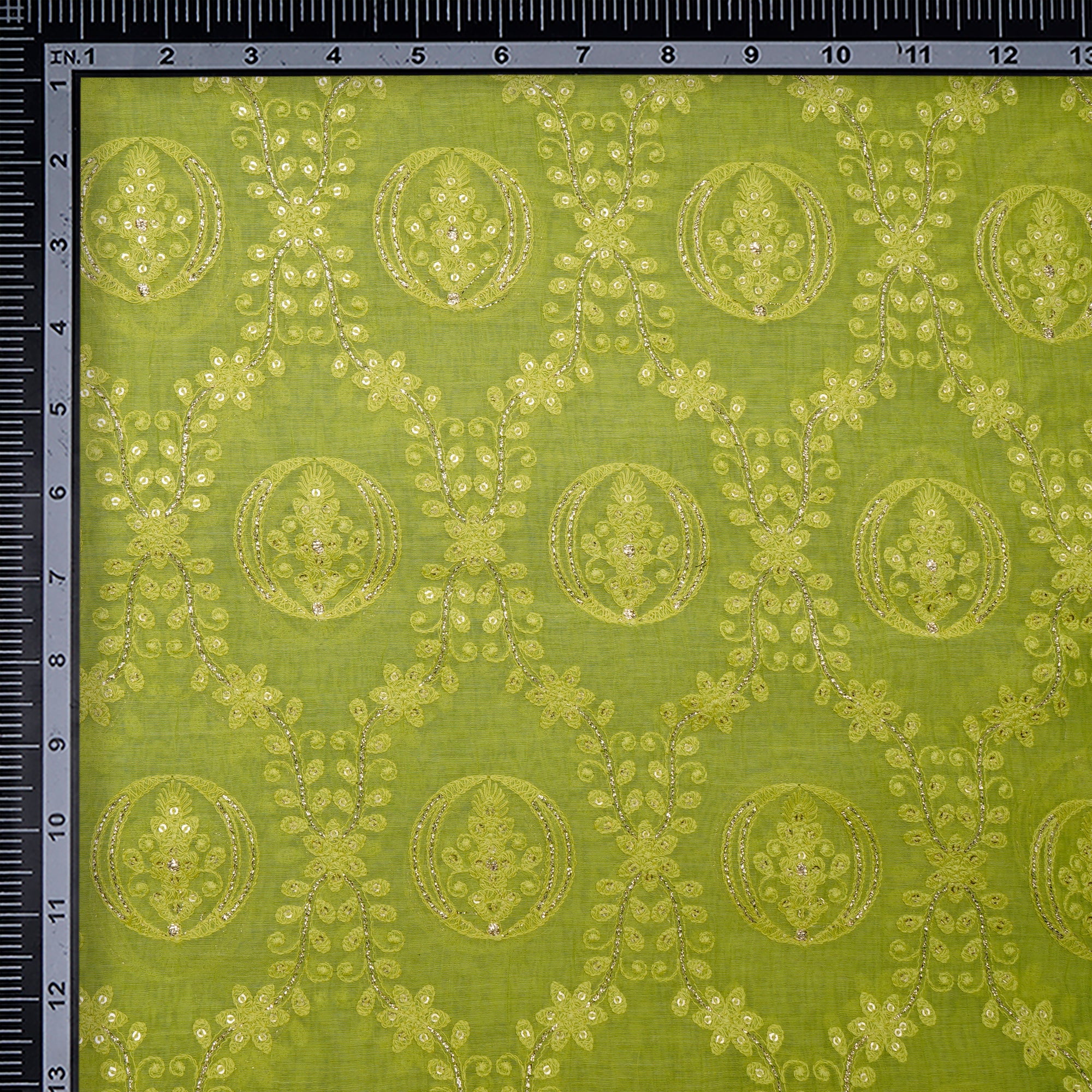 (Pre-Cut 2.00 Mtr)Lime Green Floral Pattern Embroidered Pure Chanderi Fabric