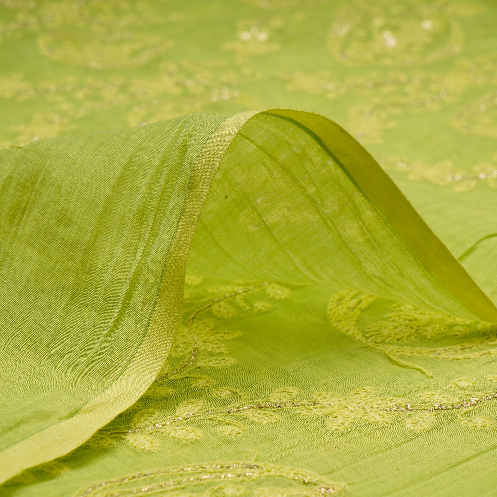 (Pre-Cut 2.00 Mtr)Lime Green Floral Pattern Embroidered Pure Chanderi Fabric