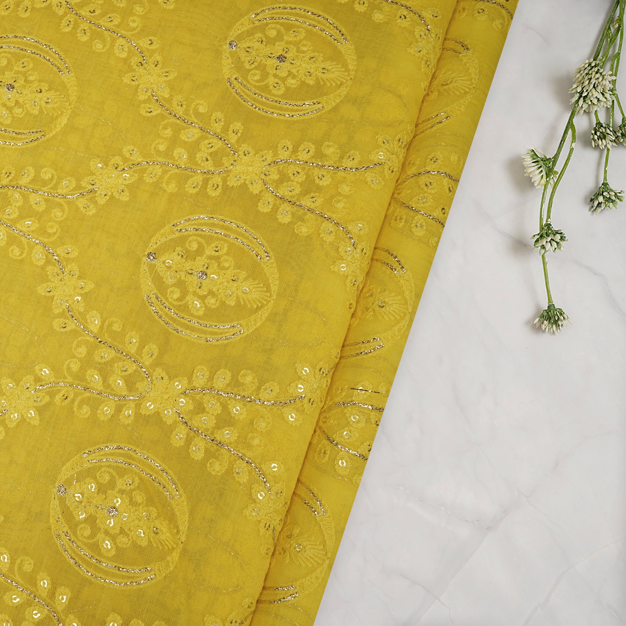(Pre-Cut 3.70 Mtr)Buttercup Floral Pattern Embroidered Chanderi Fabric
