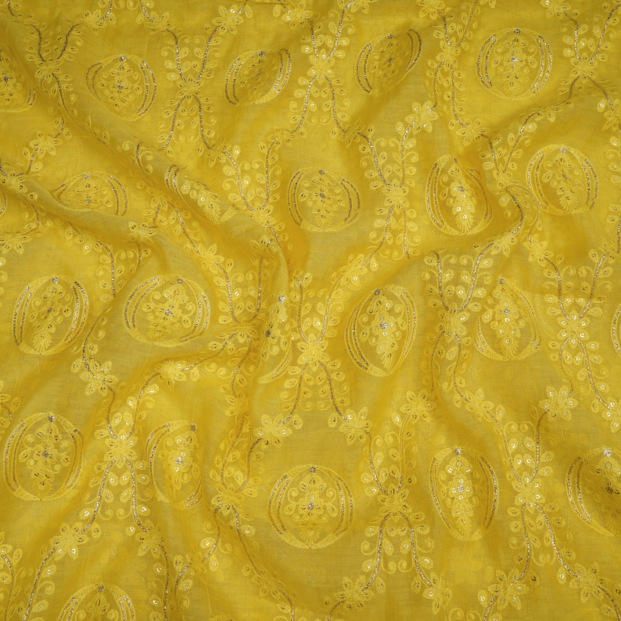 (Pre-Cut 3.70 Mtr)Buttercup Floral Pattern Embroidered Chanderi Fabric
