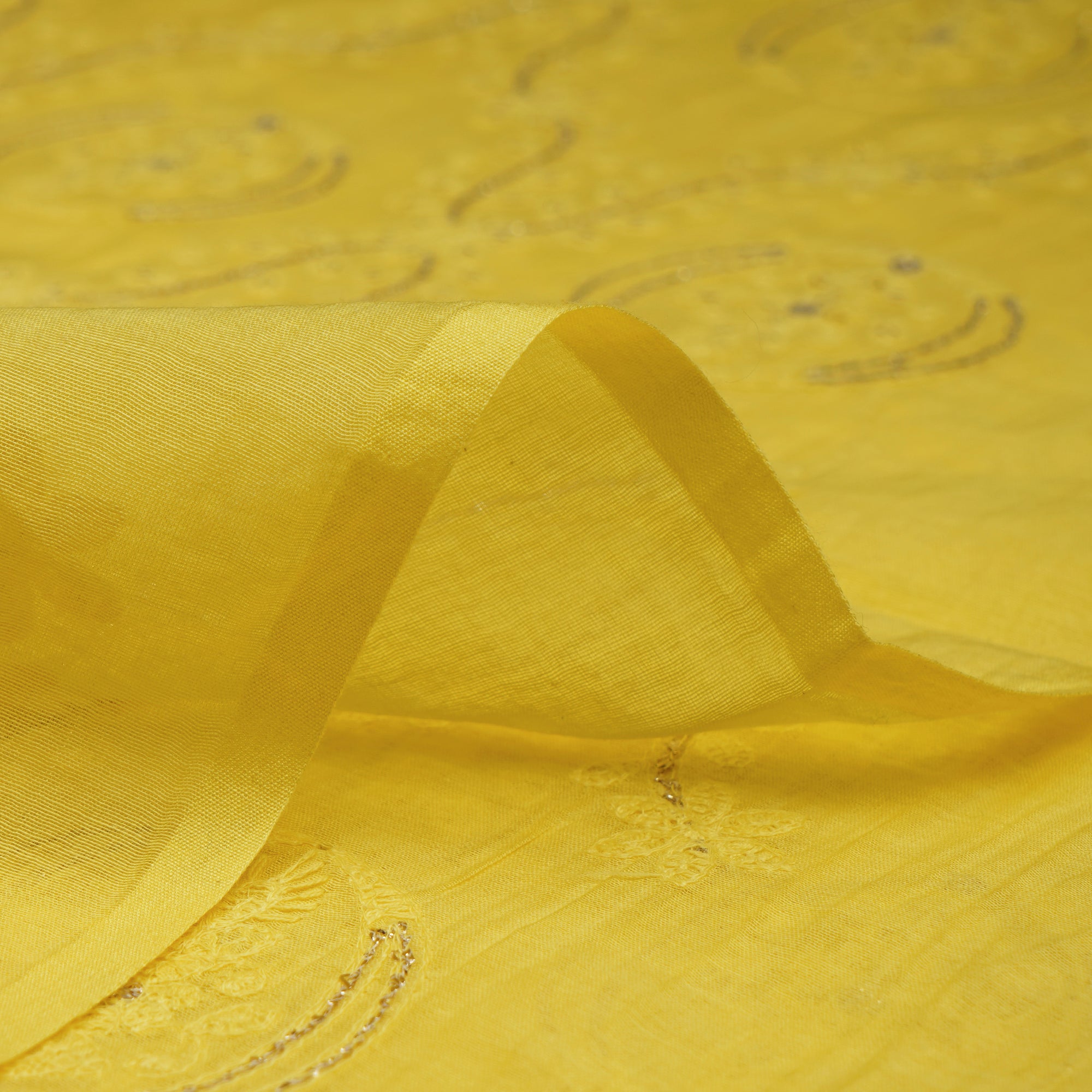 (Pre-Cut 3.70 Mtr)Buttercup Floral Pattern Embroidered Chanderi Fabric