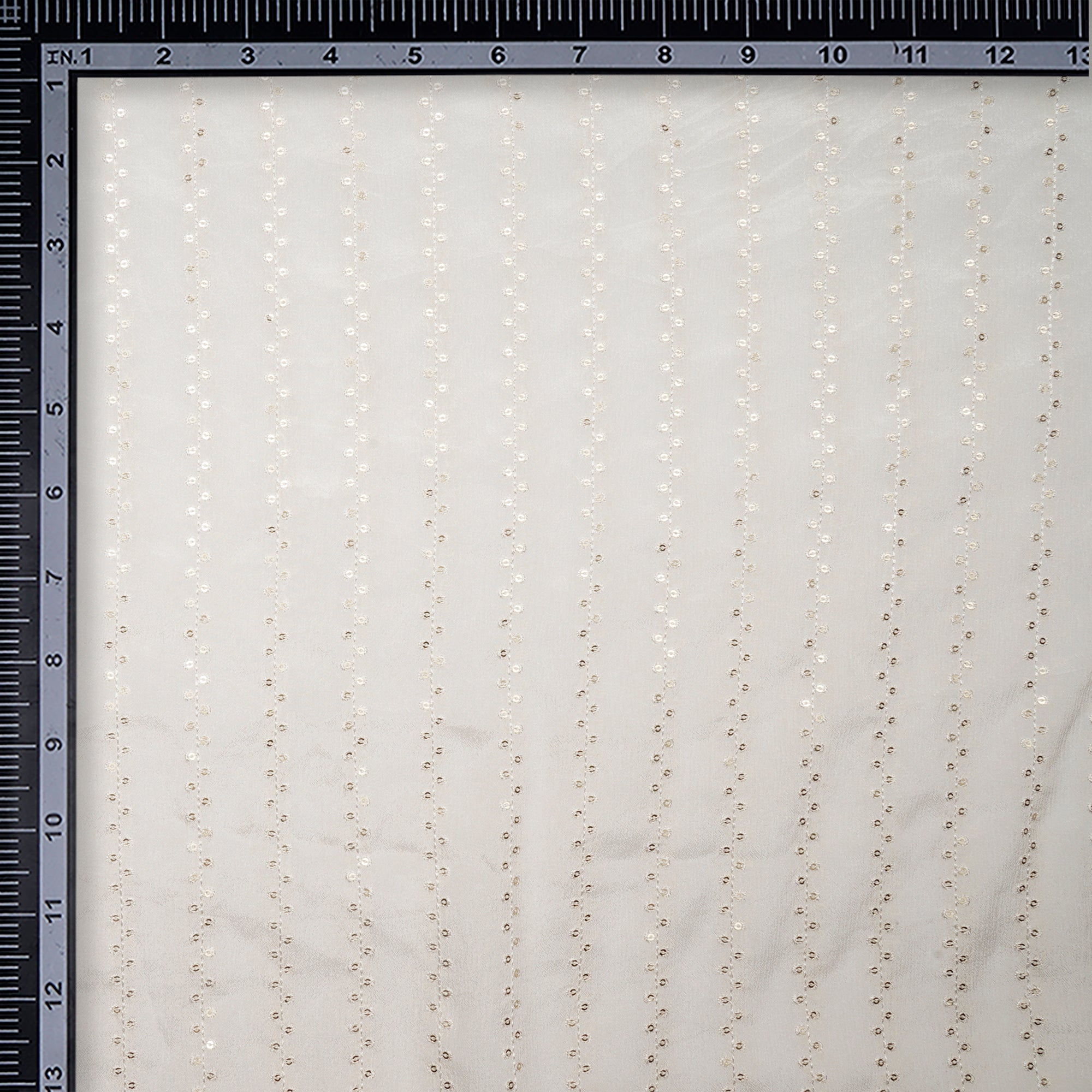 (Pre-Cut 2.00 Mtr)White Dyeable Stripe Pattern Thread & Sequin Embroidered Wrinkle Chinnon Fabric