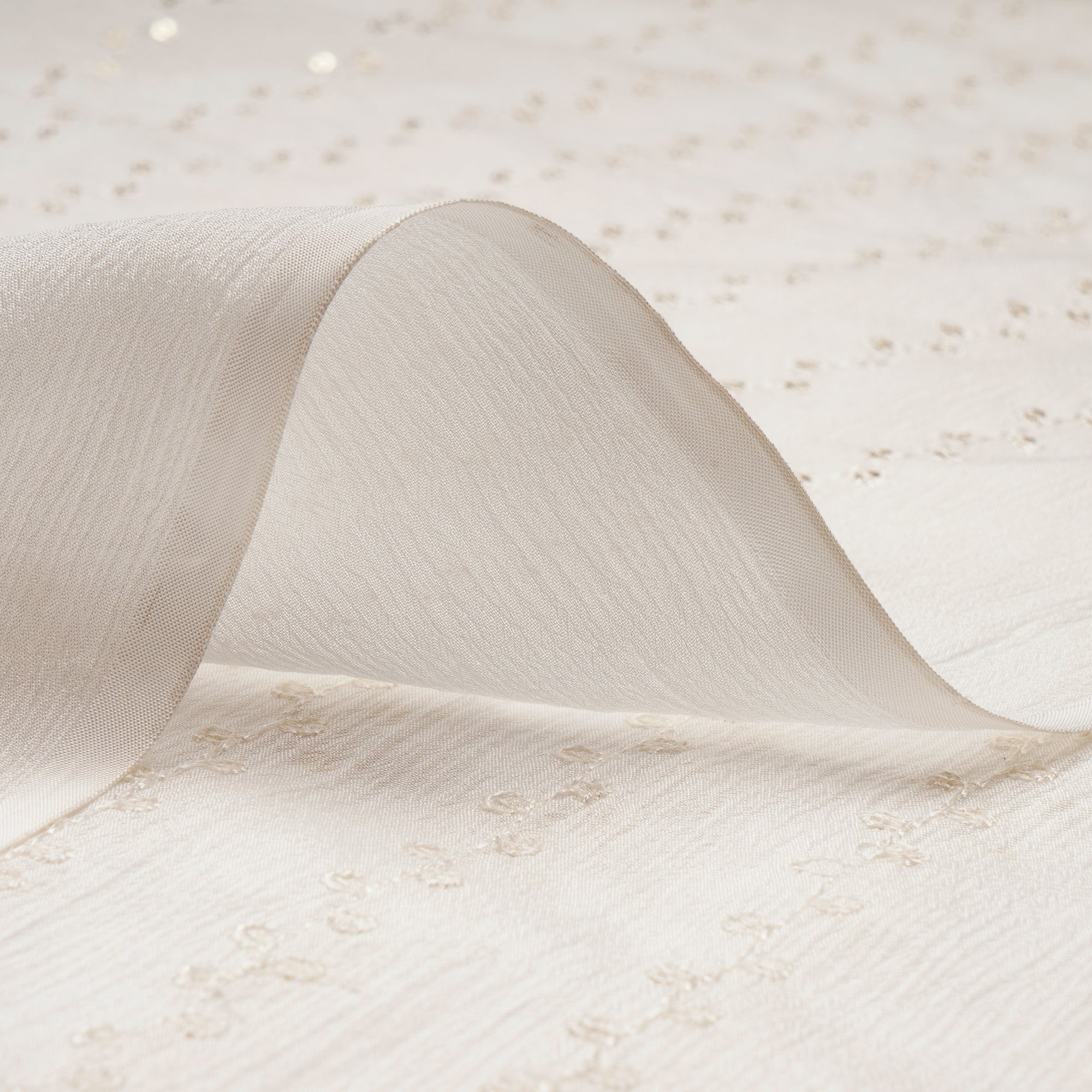 (Pre-Cut 2.00 Mtr)White Dyeable Stripe Pattern Thread & Sequin Embroidered Wrinkle Chinnon Fabric