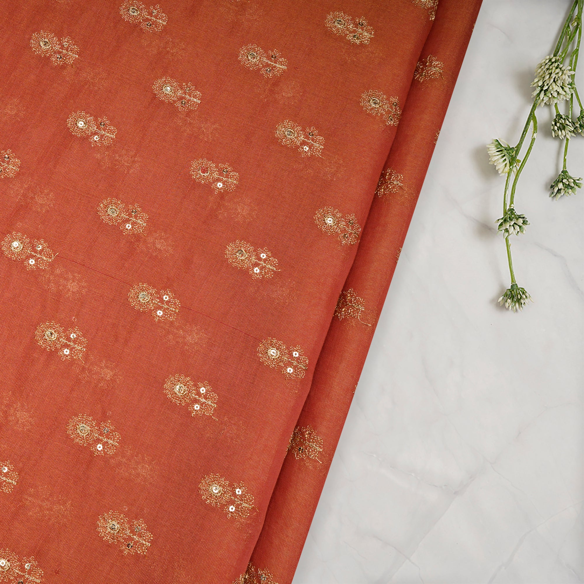 (Pre-Cut 1.00 Mtr)Red-Gold Booti Pattern Thread & Sequin Embroidered Tissue Chanderi Fabric