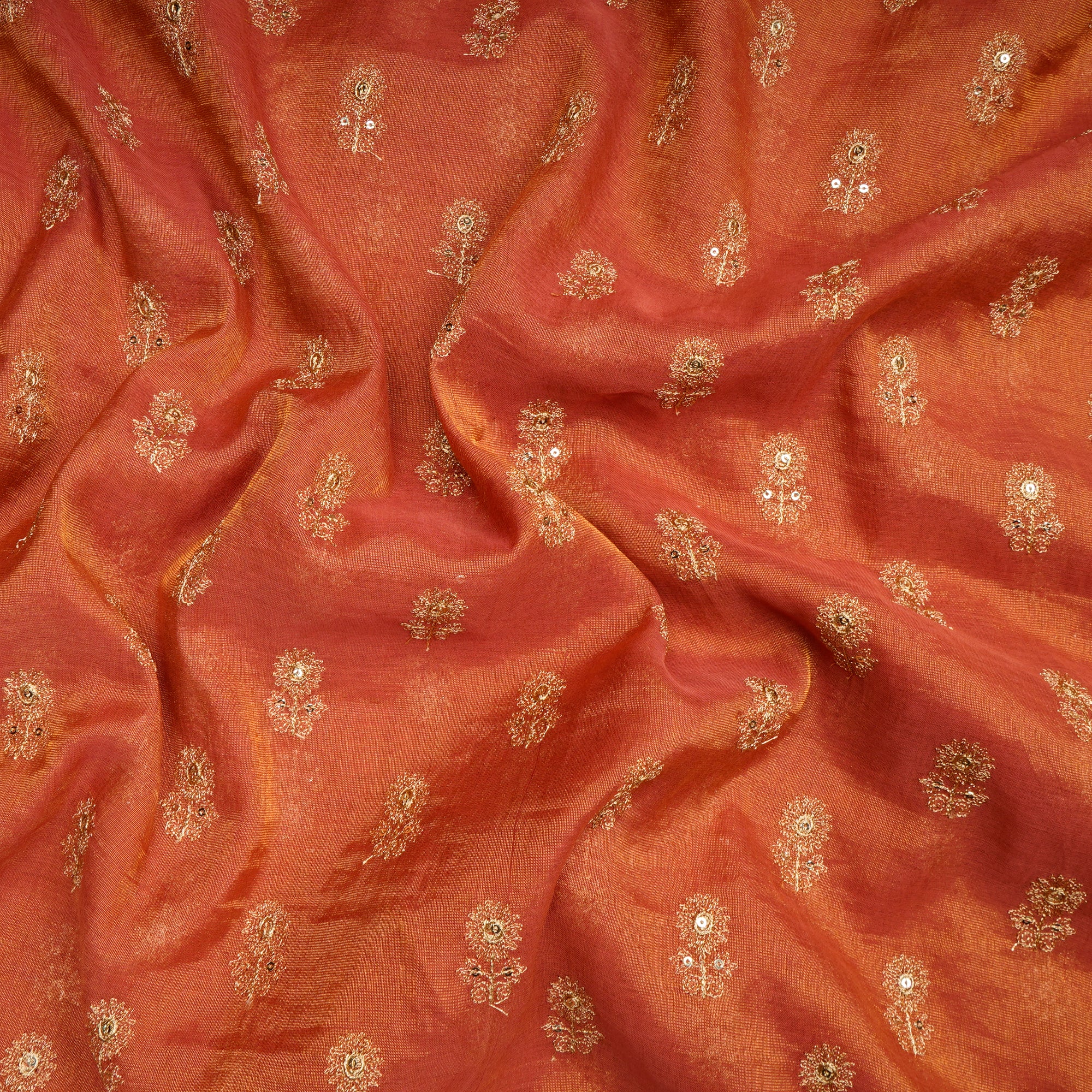 (Pre-Cut 1.00 Mtr)Red-Gold Booti Pattern Thread & Sequin Embroidered Tissue Chanderi Fabric