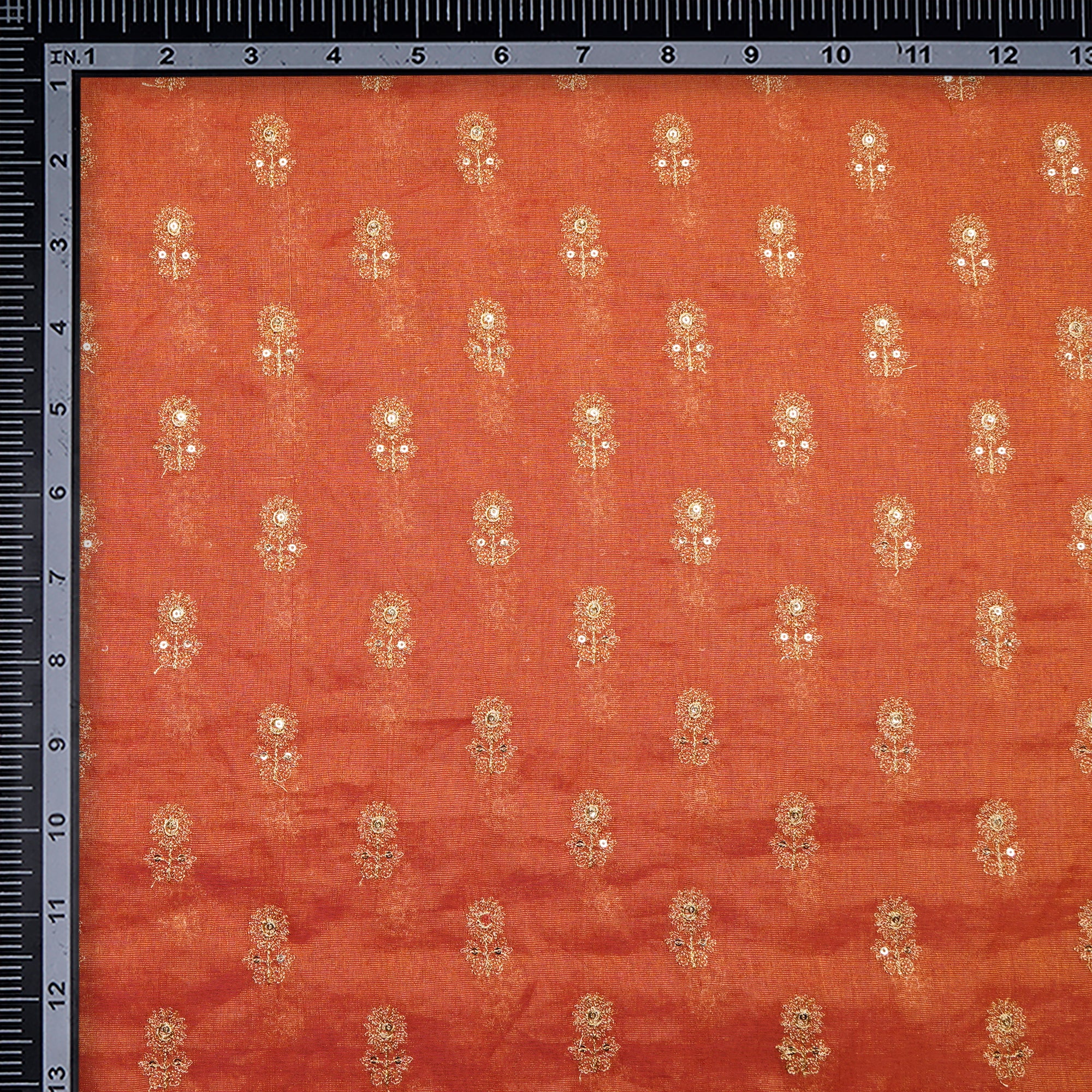 (Pre-Cut 1.00 Mtr)Red-Gold Booti Pattern Thread & Sequin Embroidered Tissue Chanderi Fabric
