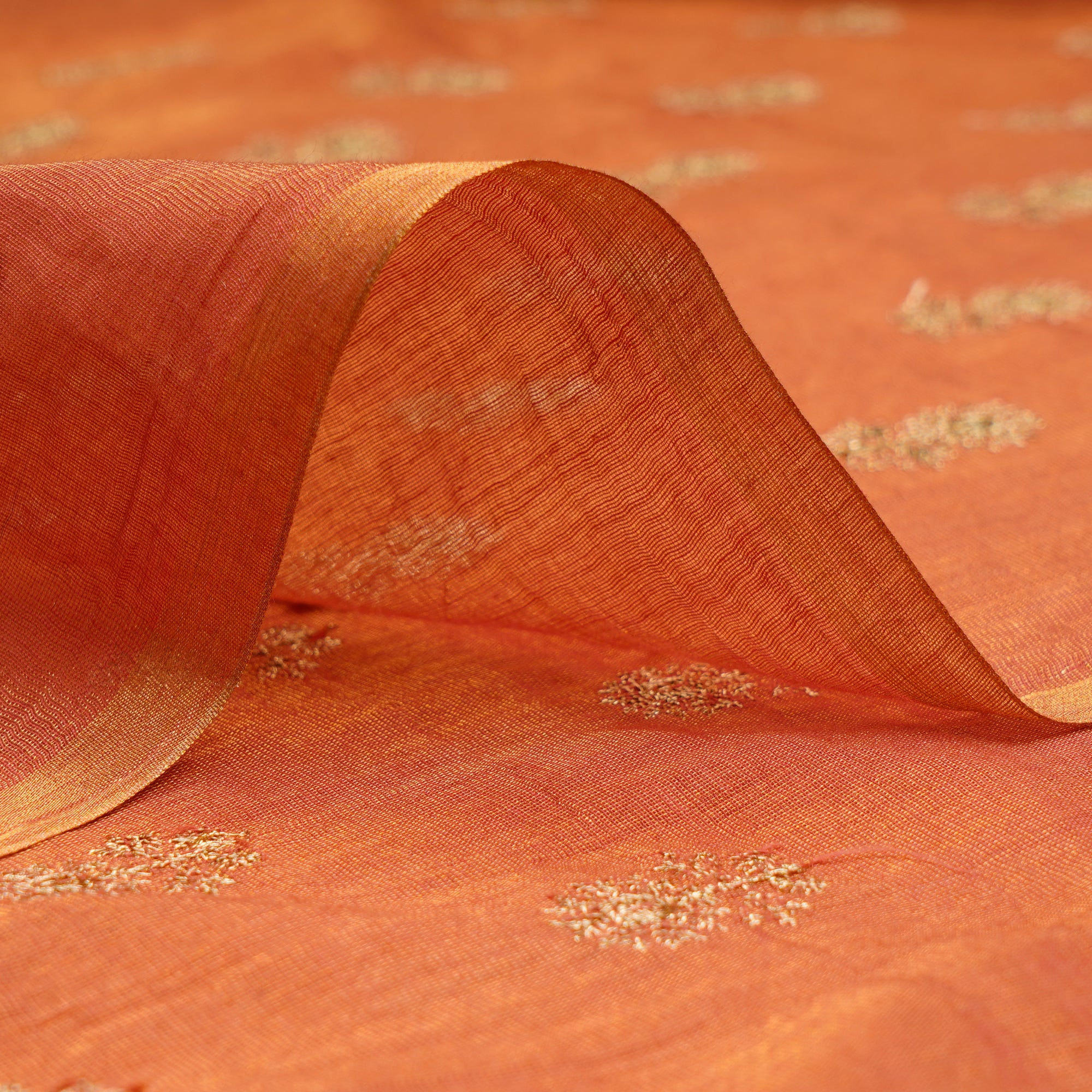 (Pre-Cut 1.00 Mtr)Red-Gold Booti Pattern Thread & Sequin Embroidered Tissue Chanderi Fabric