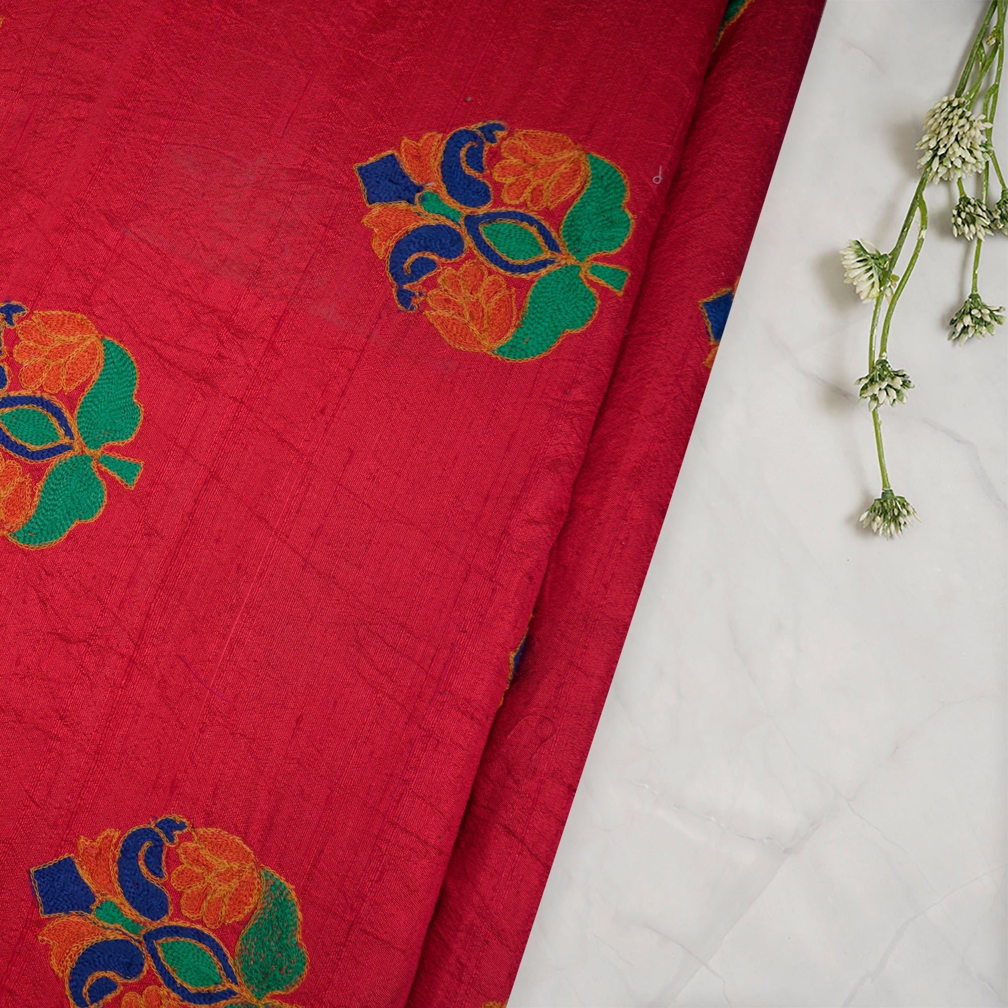 (Pre-Cut 3.20 Mtr)Red Motif Pattern Thread Embroidered Raw Silk Fabric