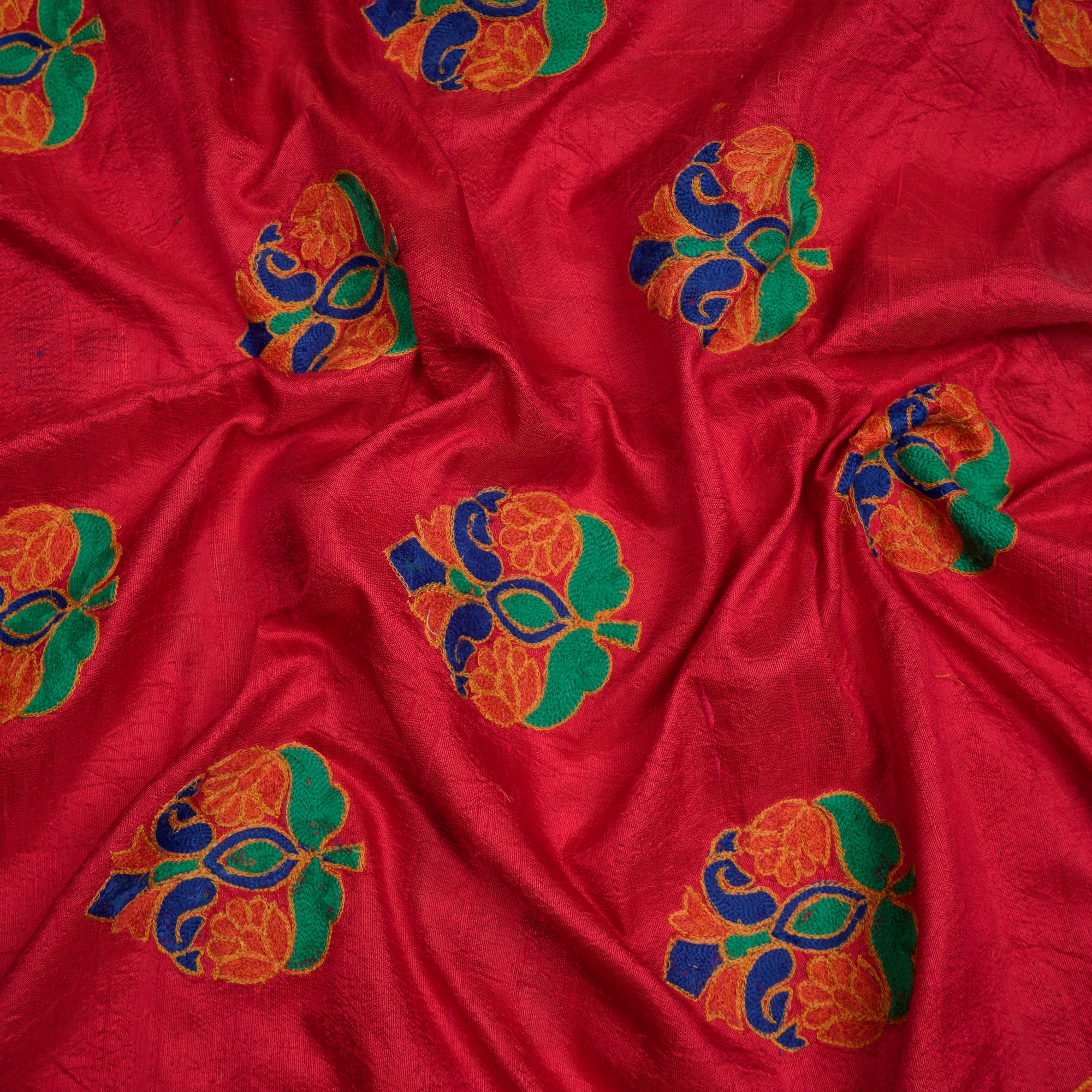 (Pre-Cut 3.20 Mtr)Red Motif Pattern Thread Embroidered Raw Silk Fabric
