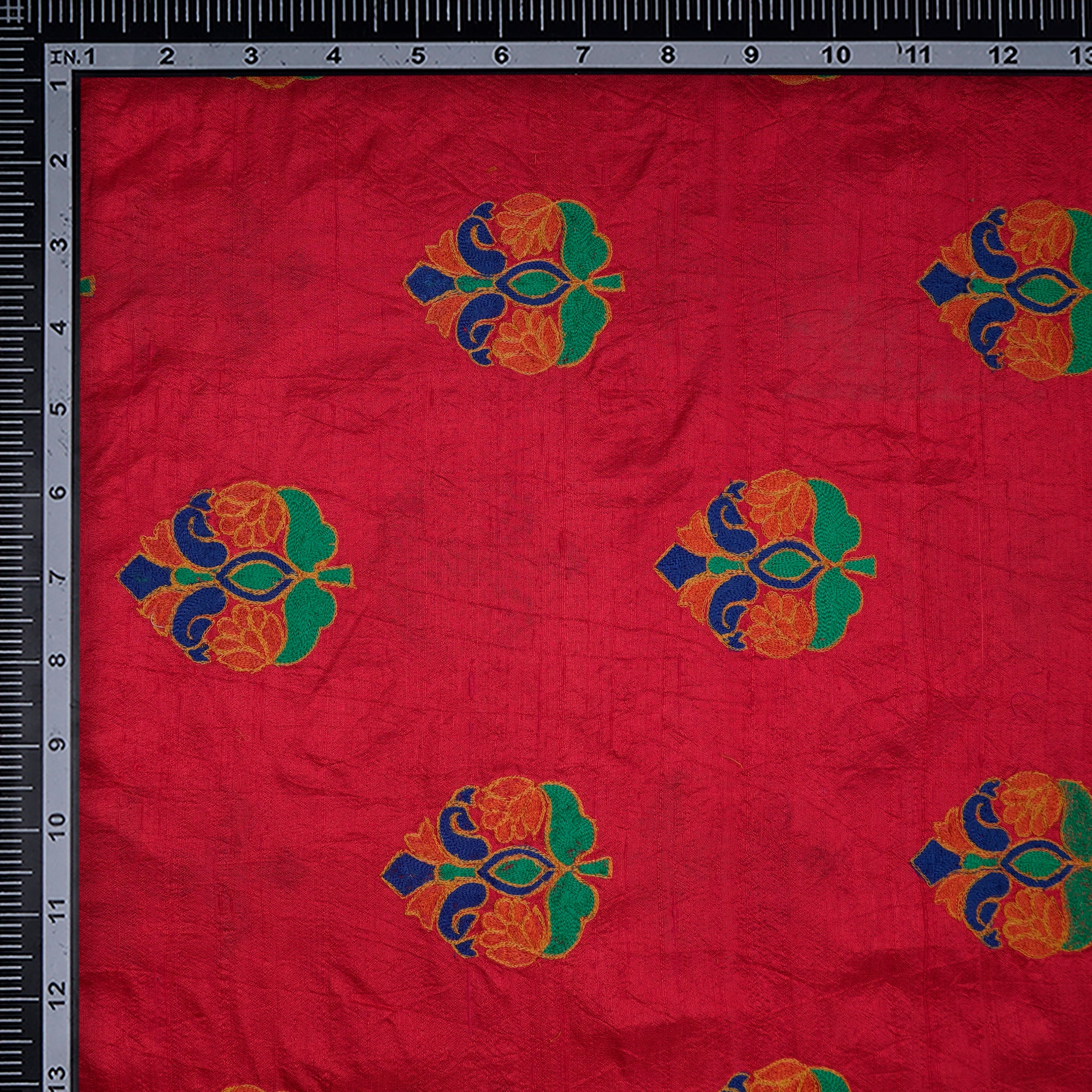 (Pre-Cut 3.20 Mtr)Red Motif Pattern Thread Embroidered Raw Silk Fabric