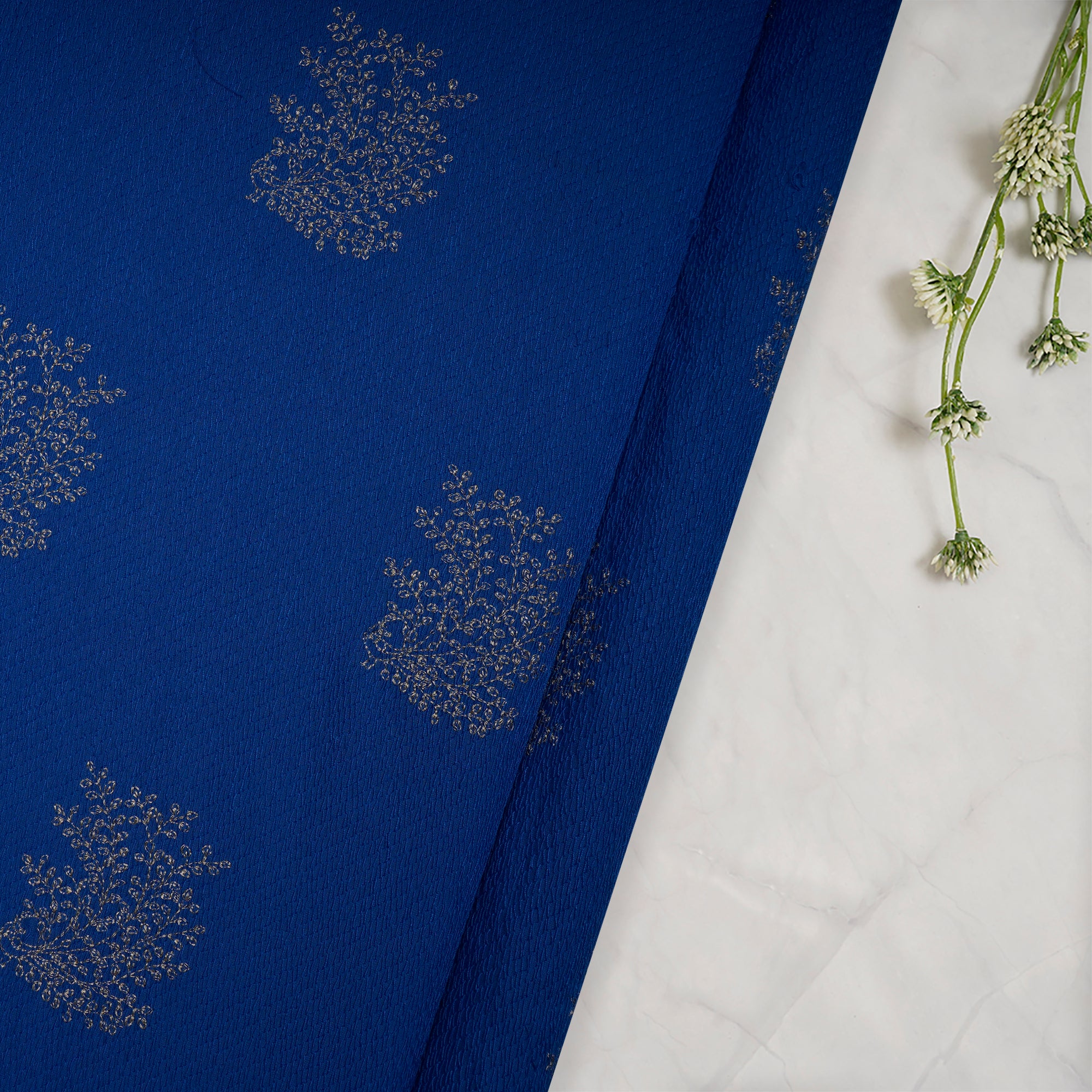 (Pre-Cut 1.50 Mtr)Royal Blue Motif Pattern Thread Embroidered Voile Fabric