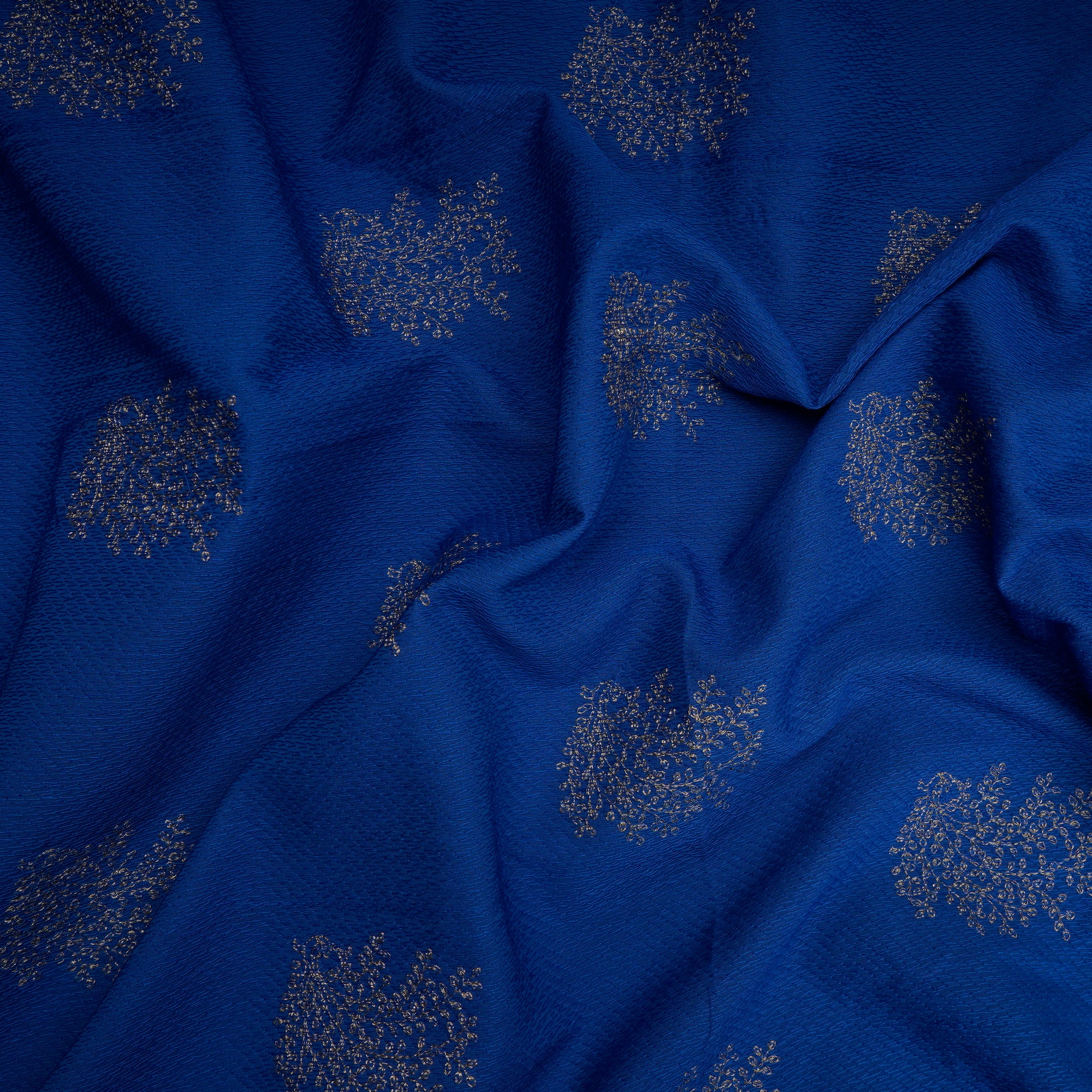 (Pre-Cut 1.50 Mtr)Royal Blue Motif Pattern Thread Embroidered Voile Fabric