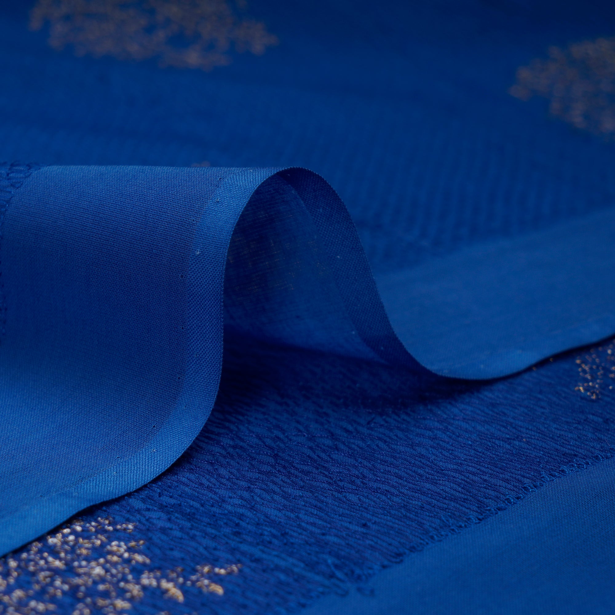 (Pre-Cut 1.50 Mtr)Royal Blue Motif Pattern Thread Embroidered Voile Fabric