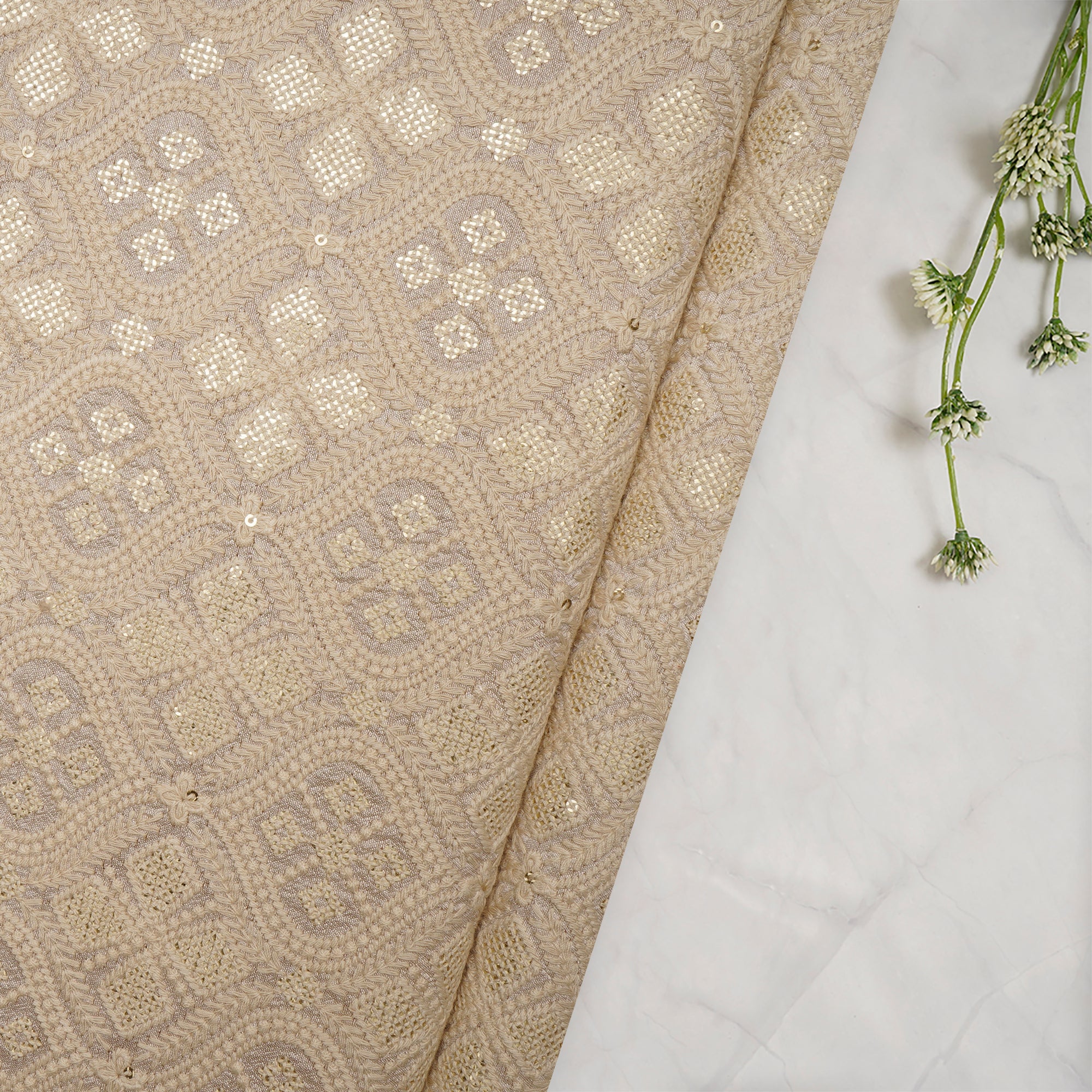 (Pre-Cut 1.90 Mtr)Beige All Over Pattern Embroidered Viscose Silk Fabric