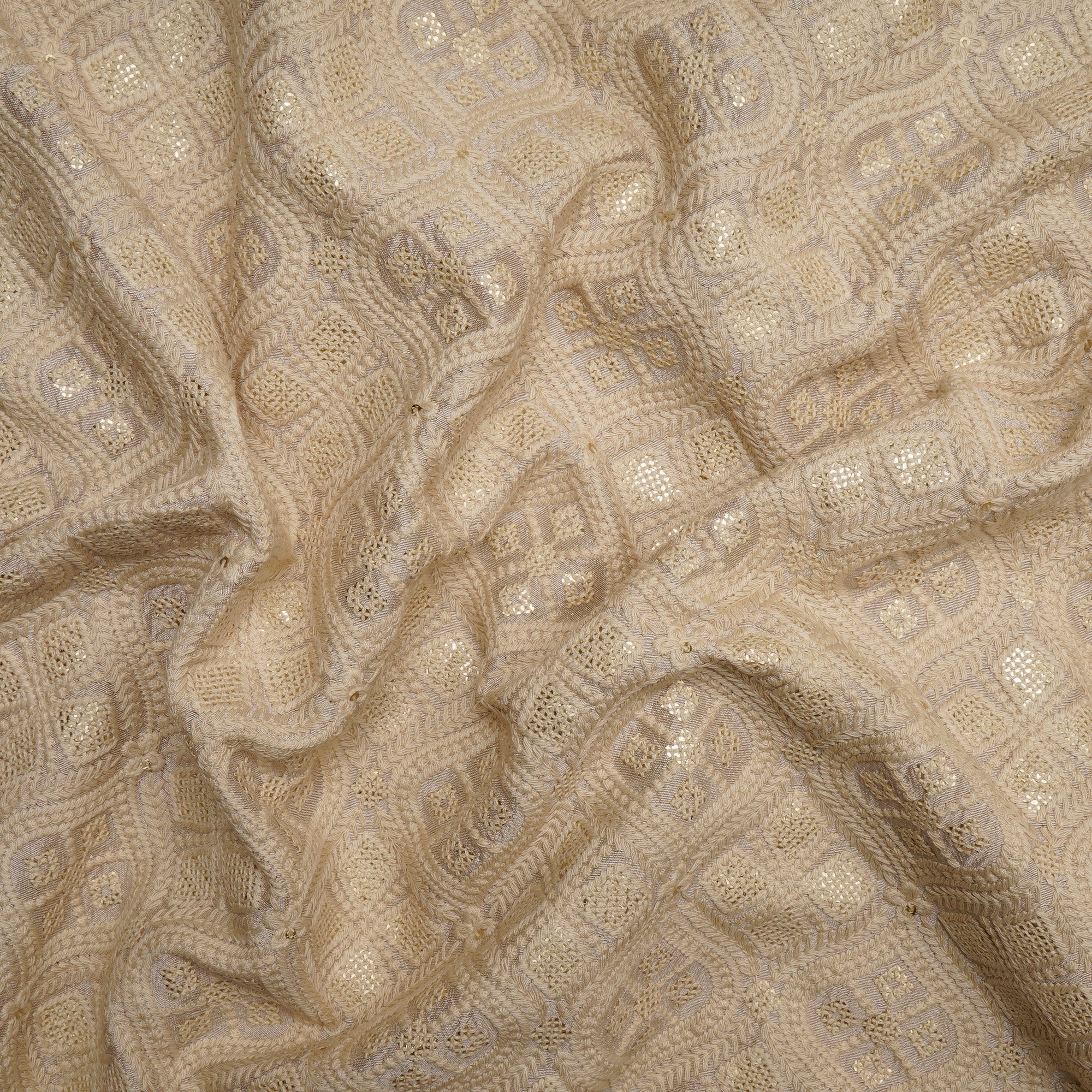 (Pre-Cut 1.90 Mtr)Beige All Over Pattern Embroidered Viscose Silk Fabric
