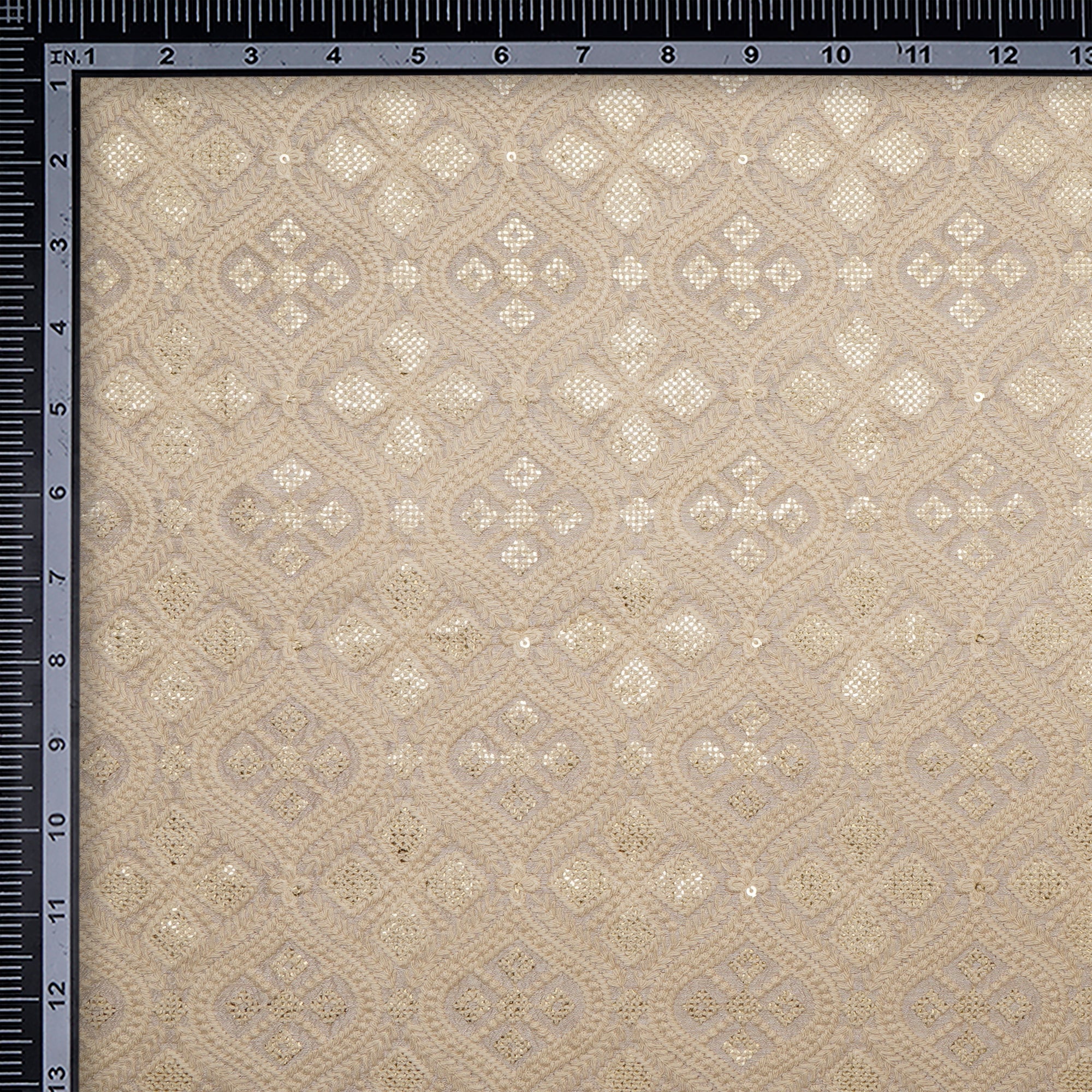 (Pre-Cut 1.90 Mtr)Beige All Over Pattern Embroidered Viscose Silk Fabric