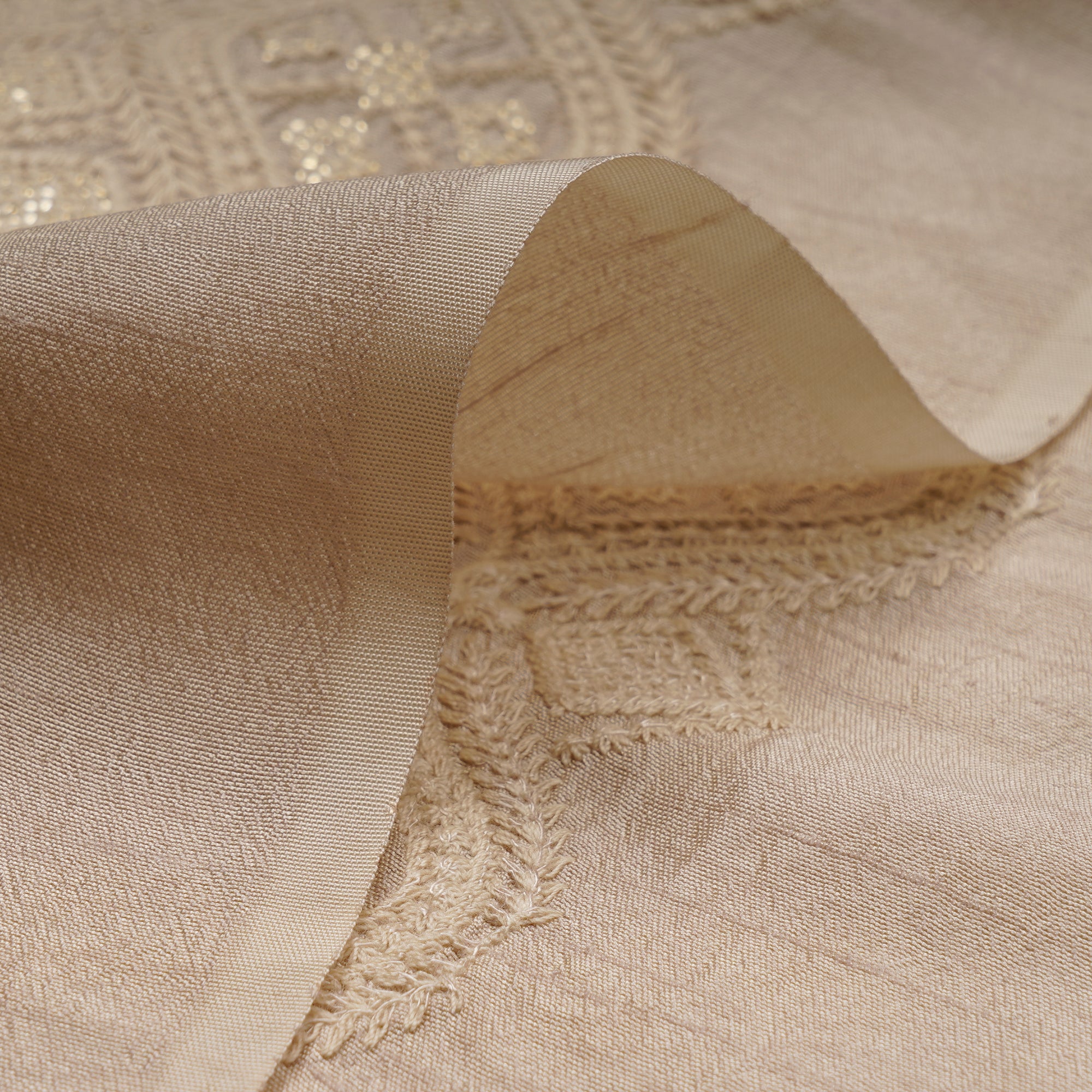 (Pre-Cut 1.90 Mtr)Beige All Over Pattern Embroidered Viscose Silk Fabric