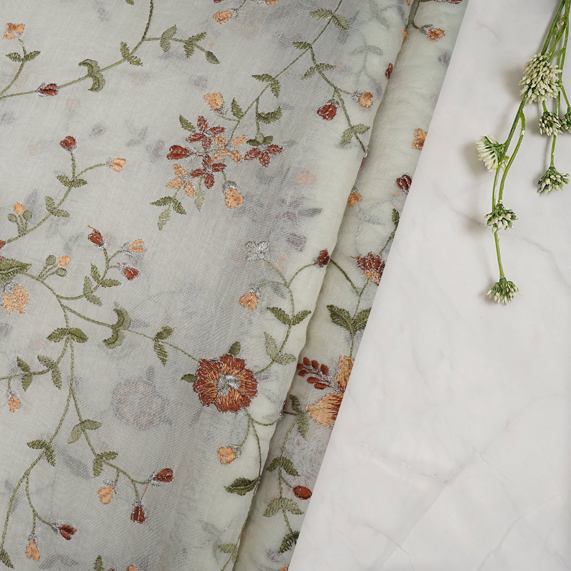 (Pre-Cut 2.10 Mtr)Off-White Dyeable Floral Pattern Embroidered Chanderi fabric
