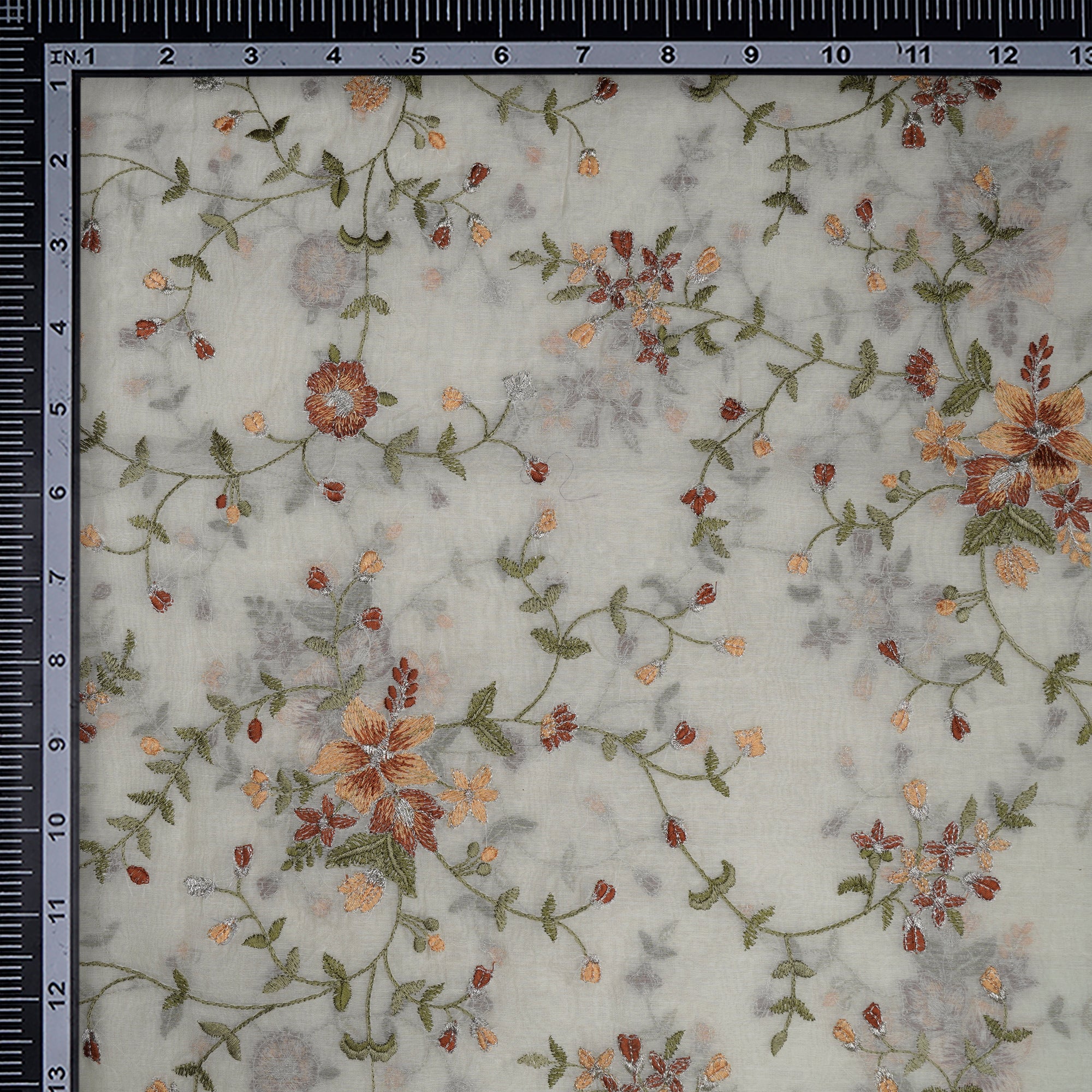 (Pre-Cut 2.10 Mtr)Off-White Dyeable Floral Pattern Embroidered Chanderi fabric