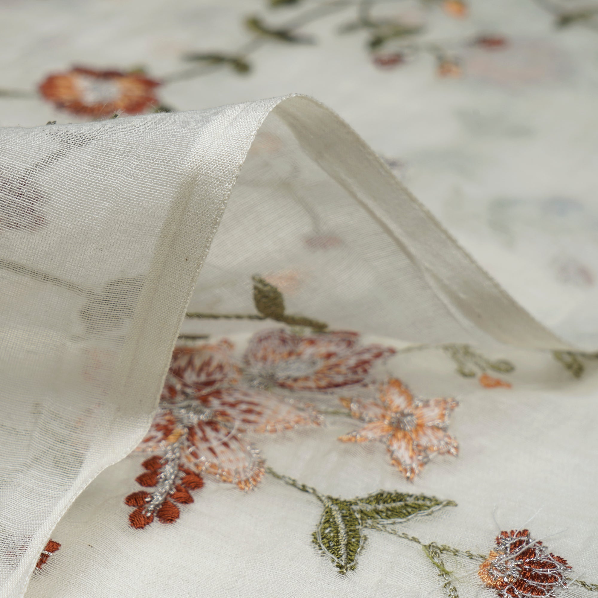 (Pre-Cut 2.10 Mtr)Off-White Dyeable Floral Pattern Embroidered Chanderi fabric
