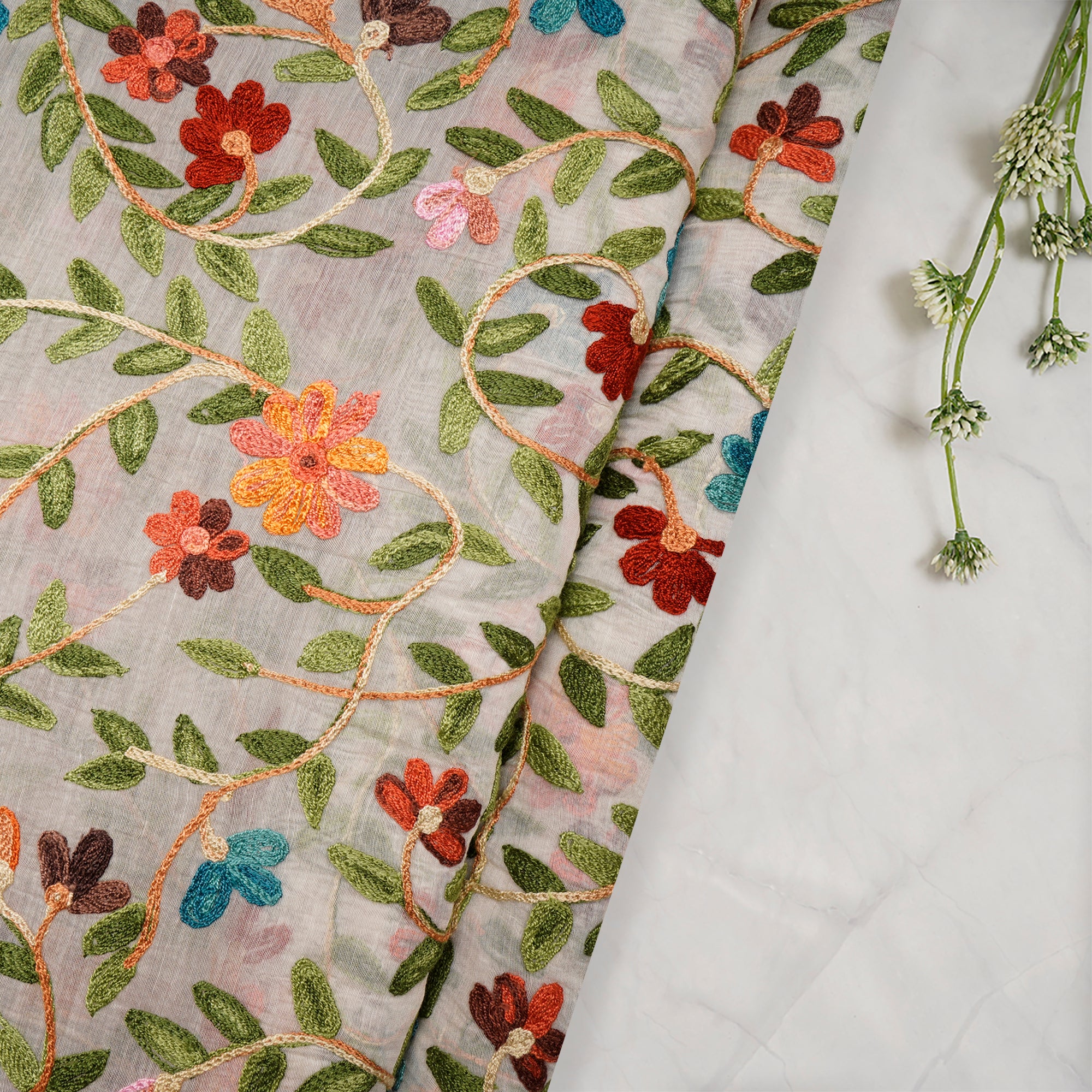 (Pre-Cut 1.00 Mtr)Multi Color All Over Pattern Thread Embroidered Chanderi Fabric
