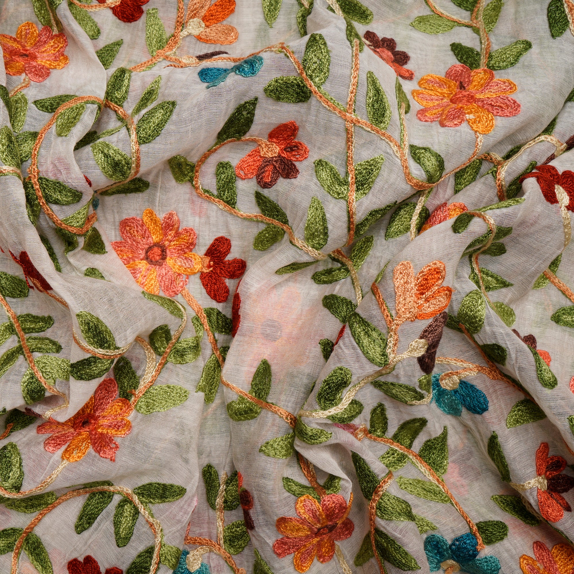 (Pre-Cut 1.00 Mtr)Multi Color All Over Pattern Thread Embroidered Chanderi Fabric