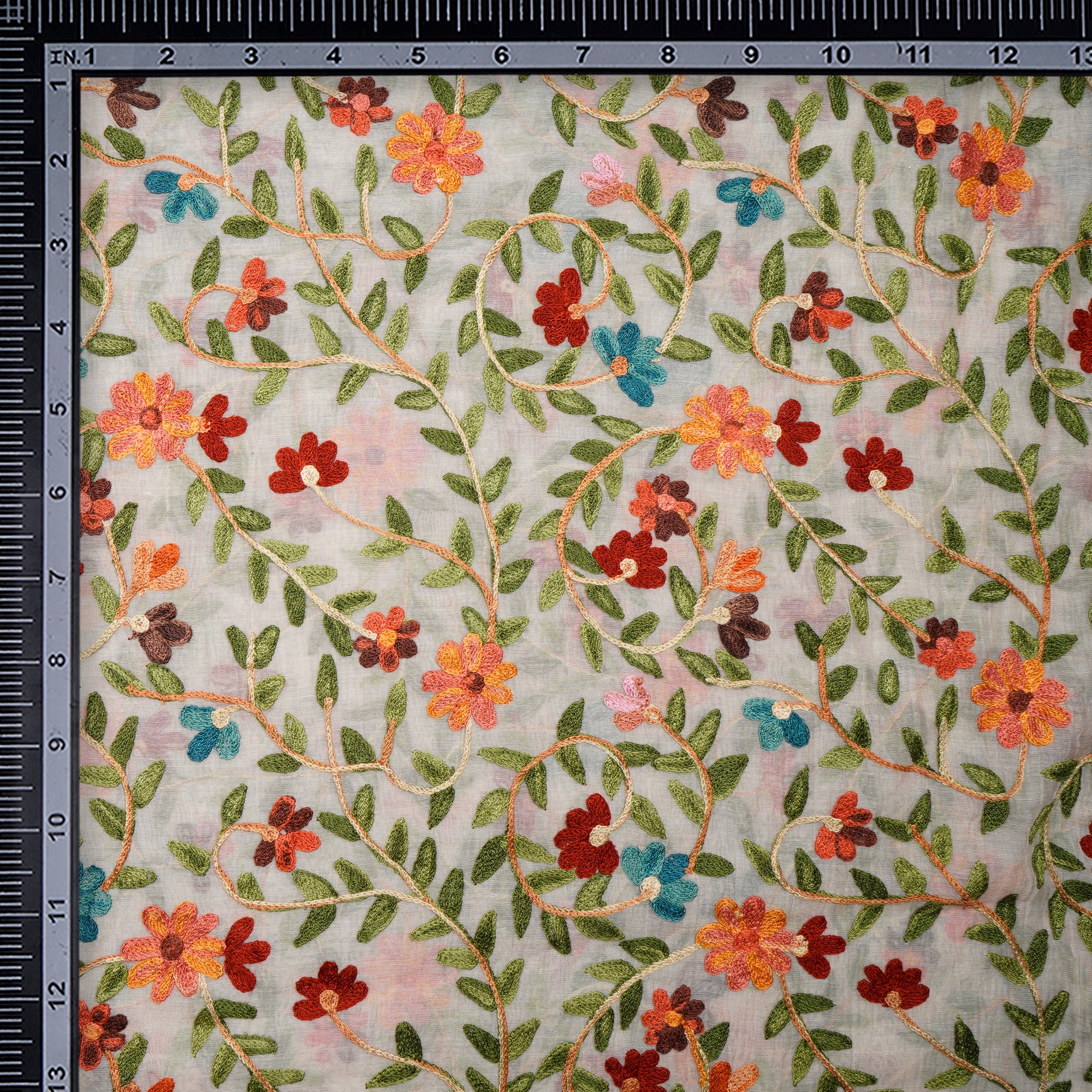 (Pre-Cut 1.00 Mtr)Multi Color All Over Pattern Thread Embroidered Chanderi Fabric
