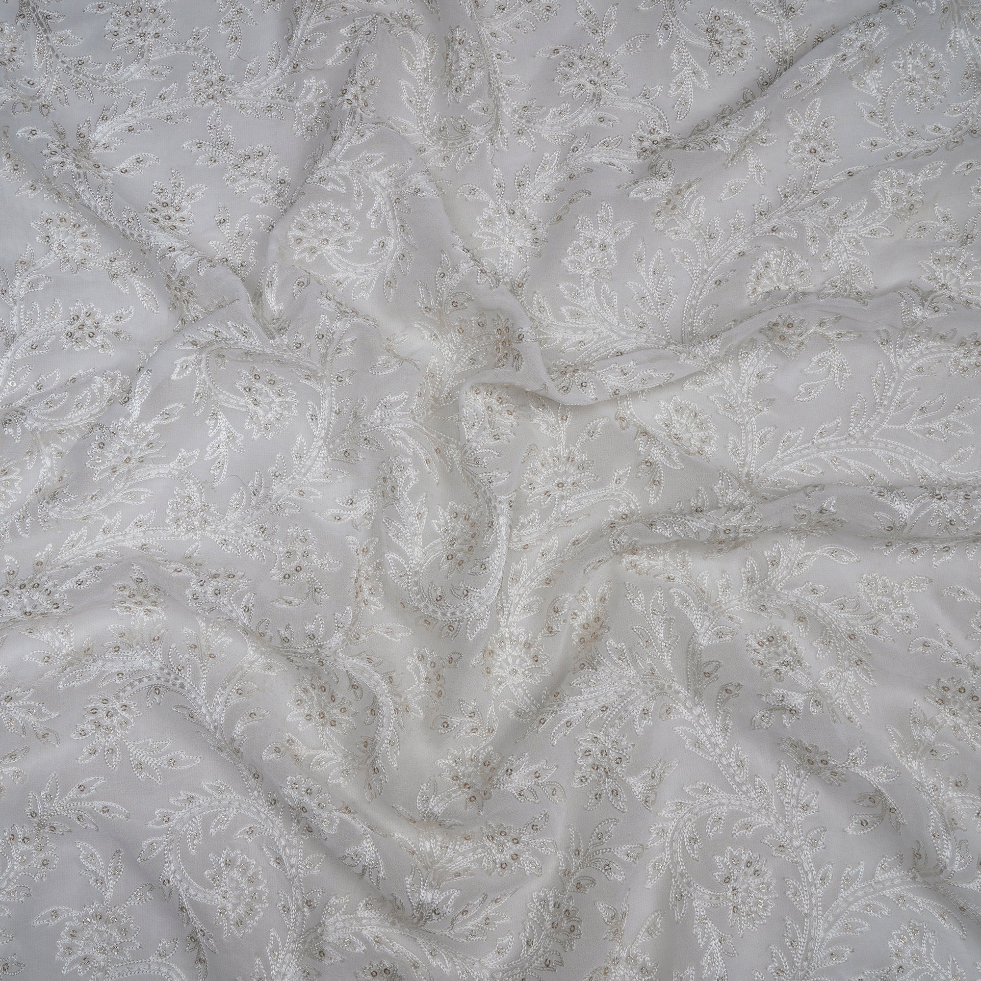 (Pre-Cut 1.40 Mtr)White All Over Pattern Thread & Sequins Embroidered Viscose Georgette Fabric