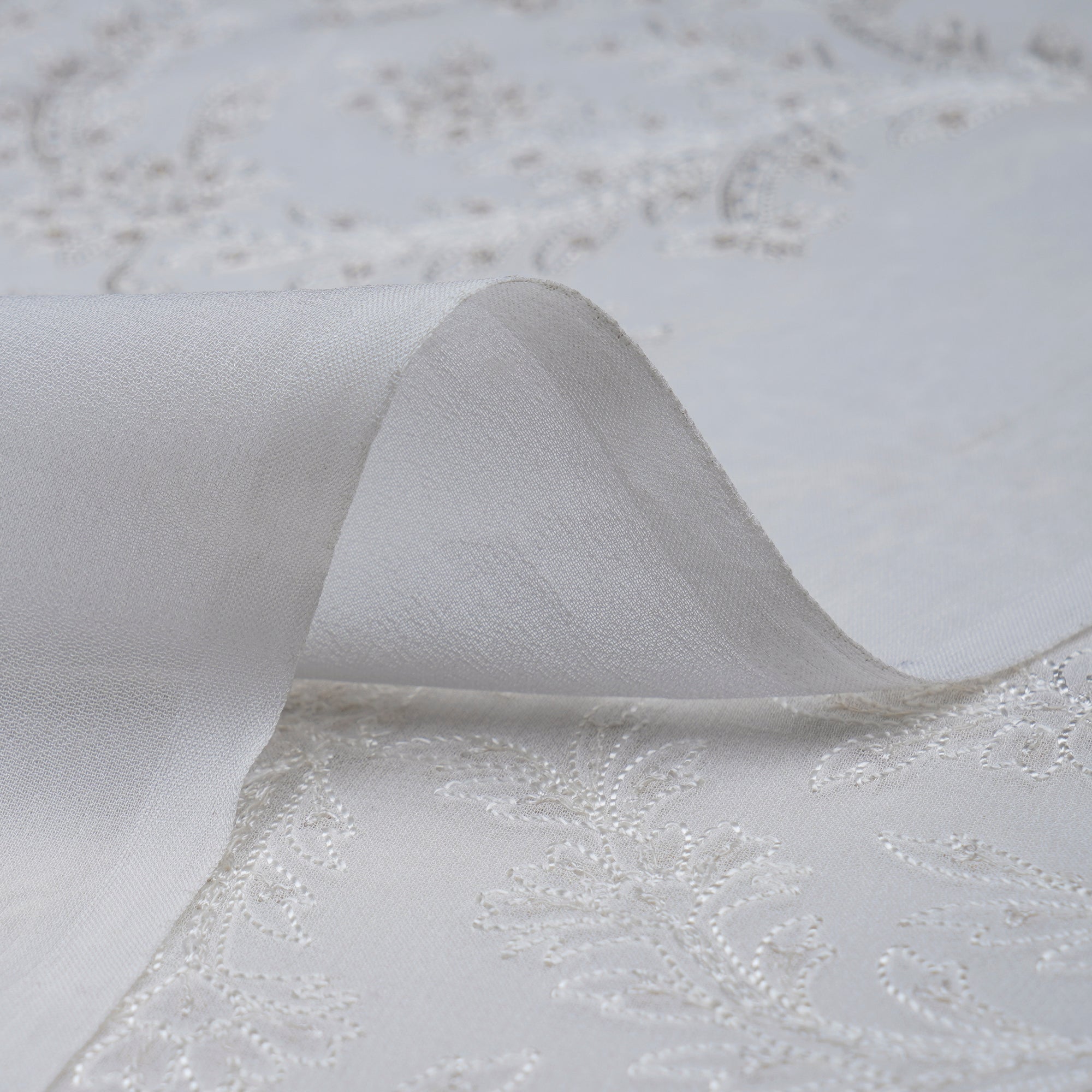 (Pre-Cut 1.40 Mtr)White All Over Pattern Thread & Sequins Embroidered Viscose Georgette Fabric