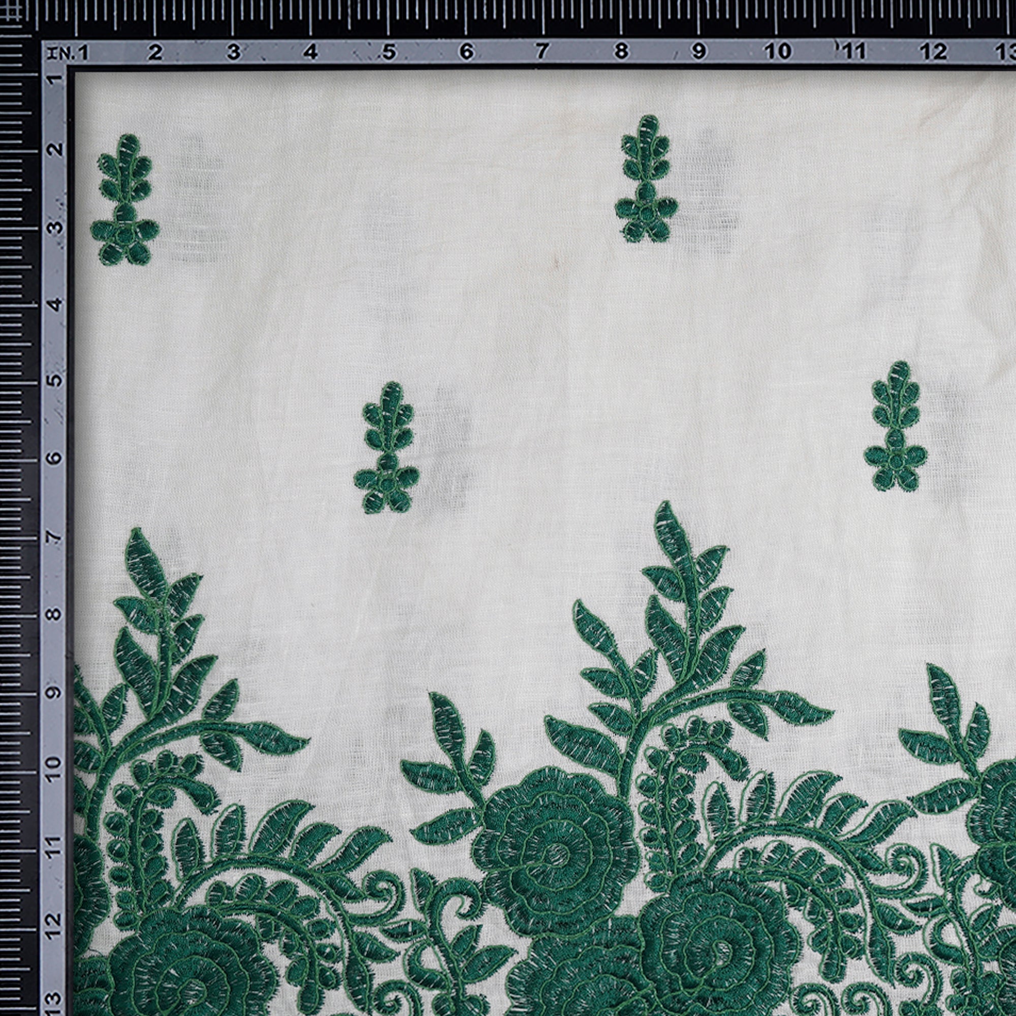 (Pre-Cut 2.00 Mtr)White-Green Color Embroidered Plain Lee Fabric